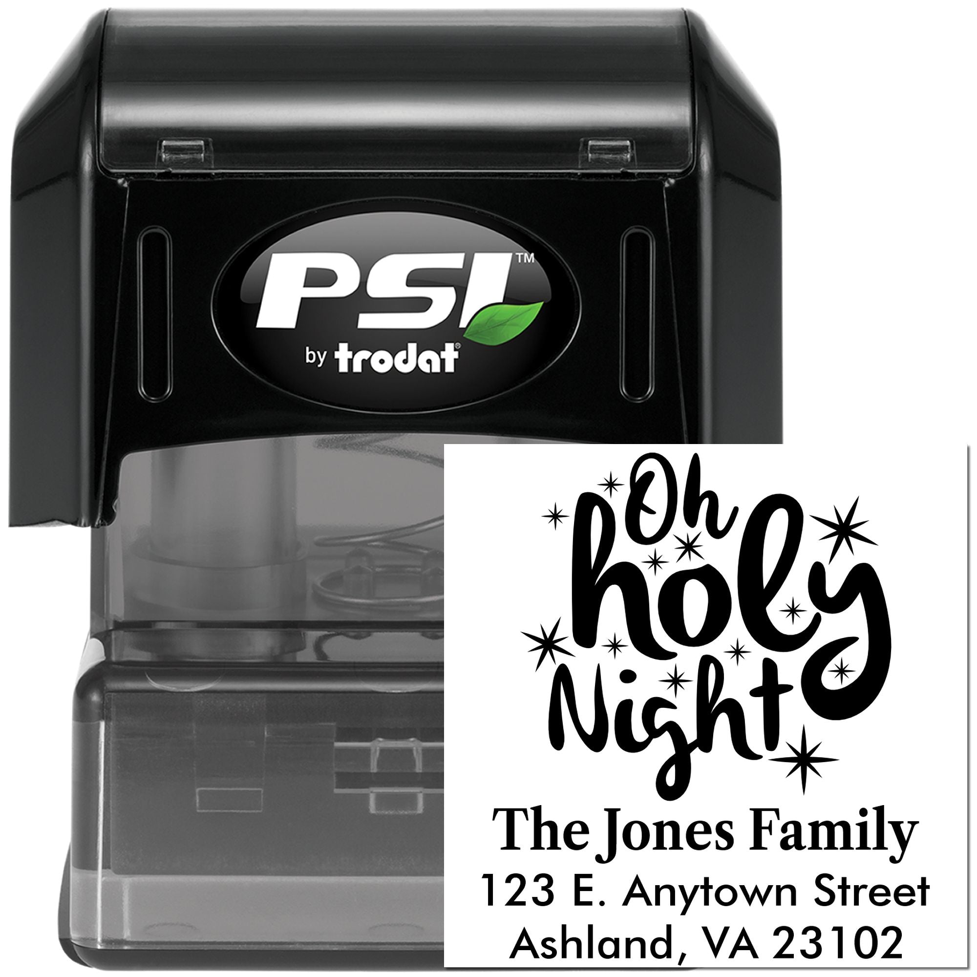 PSI by Trodat self-inking rubber stamp with custom Oh Holy Night family address design for Christmas cards.