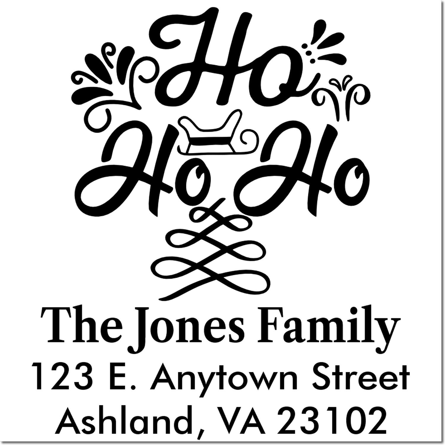 Custom Ho Ho Ho holiday return address rubber stamp for The Jones Family, Ashland VA 23102