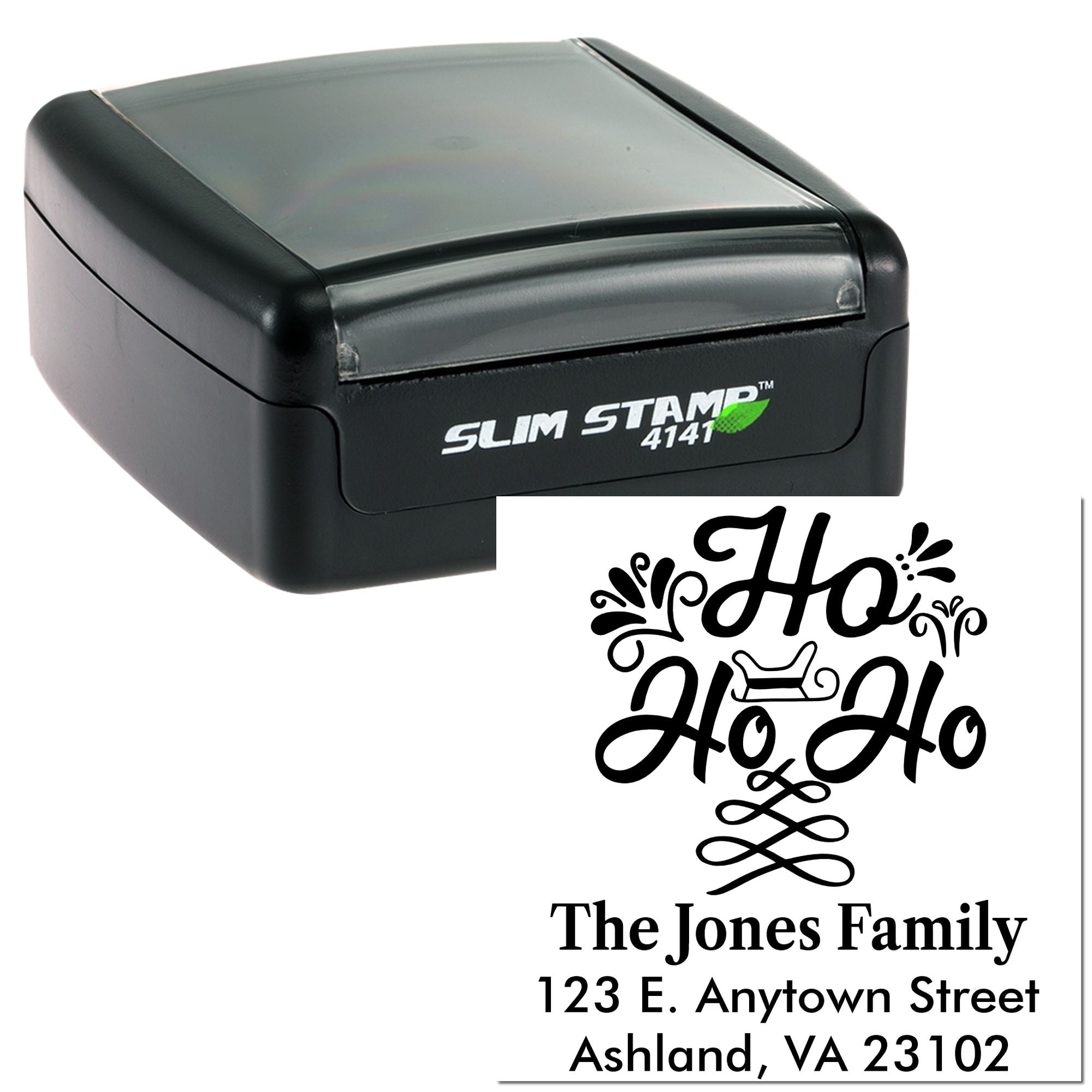 Custom self-inking rubber address stamp with family monogram and holiday design for mailing envelopes