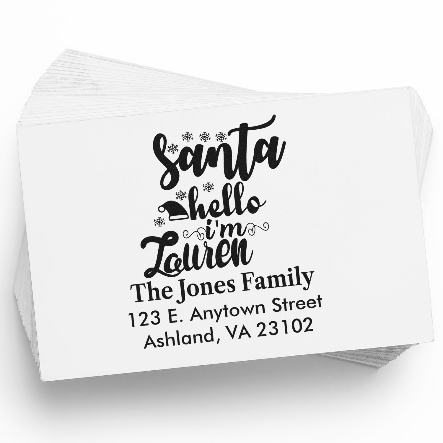 Personalized holiday return address rubber stamp with Santa, hello Im Lauren, for The Jones Family, Ashland VA