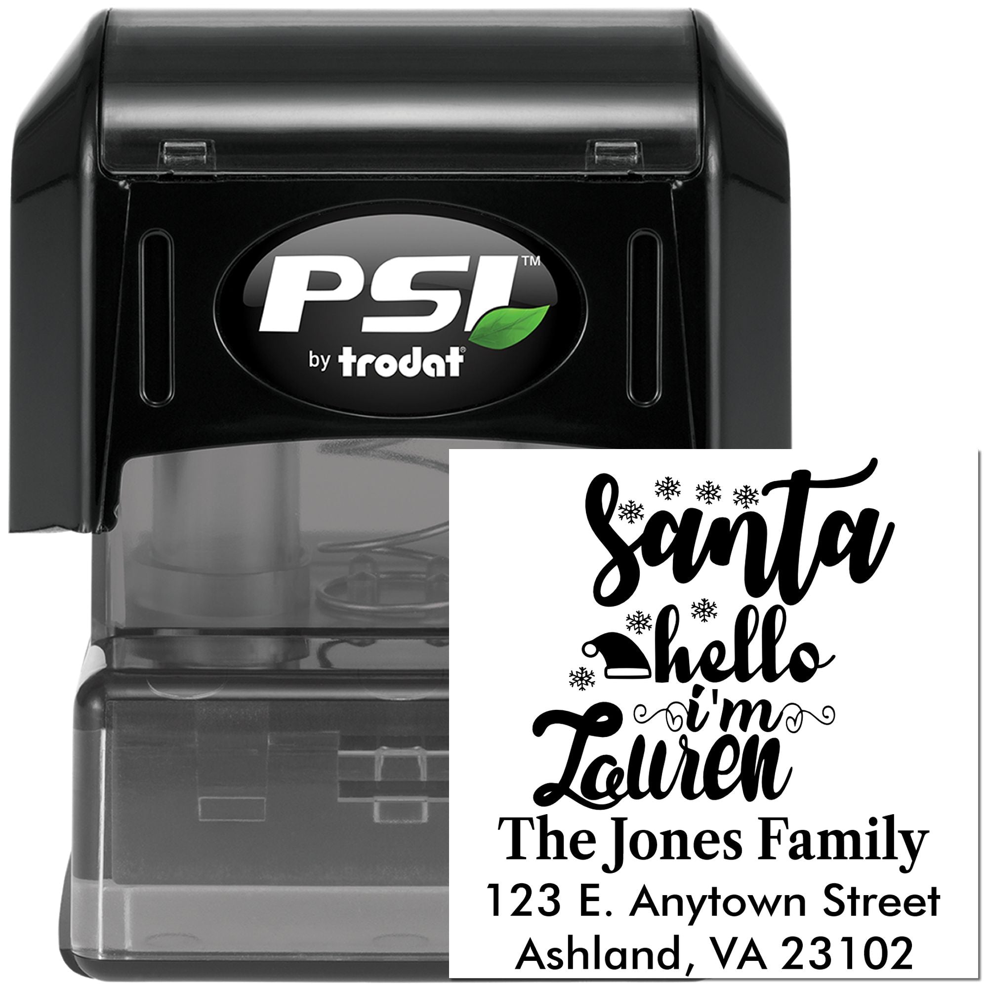 Custom Christmas return address self-inking rubber stamp by PSI by Trodat with Santa hello design.