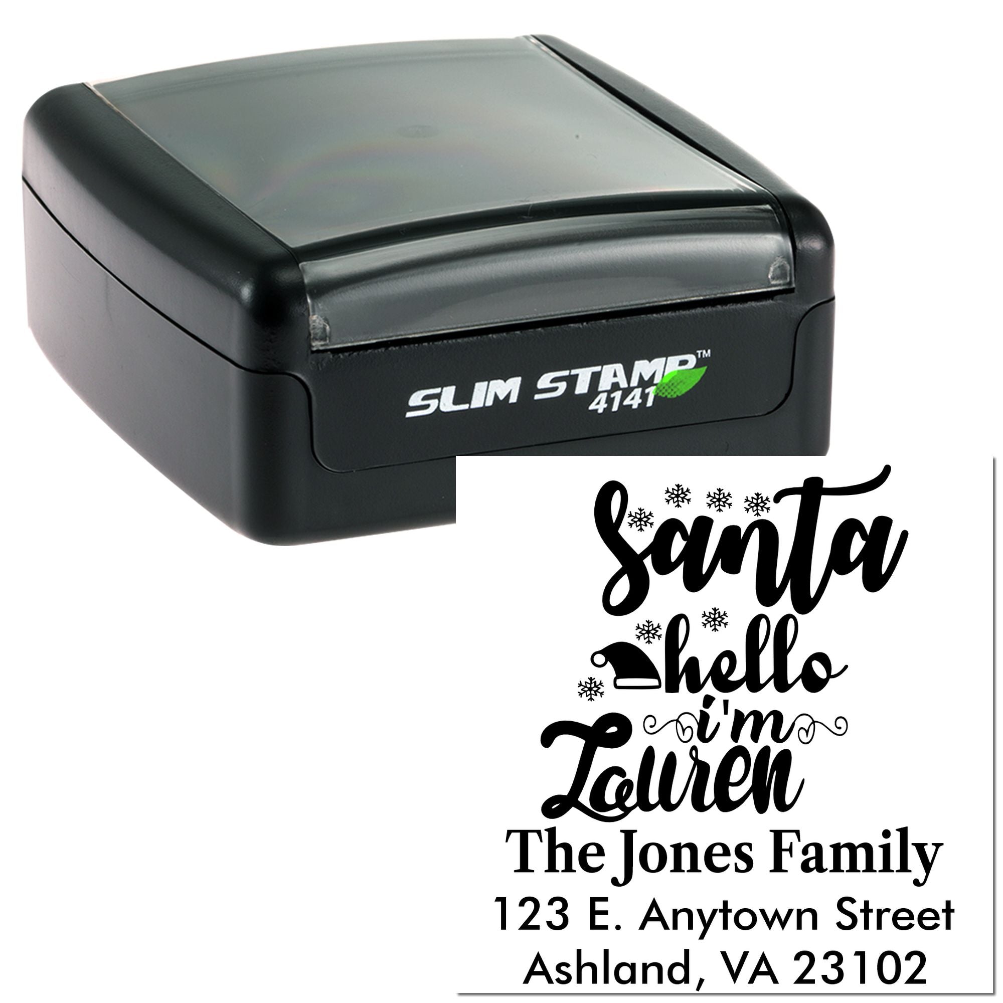 Custom self-inking rubber stamp with holiday return address design, Santa greeting, and family name.