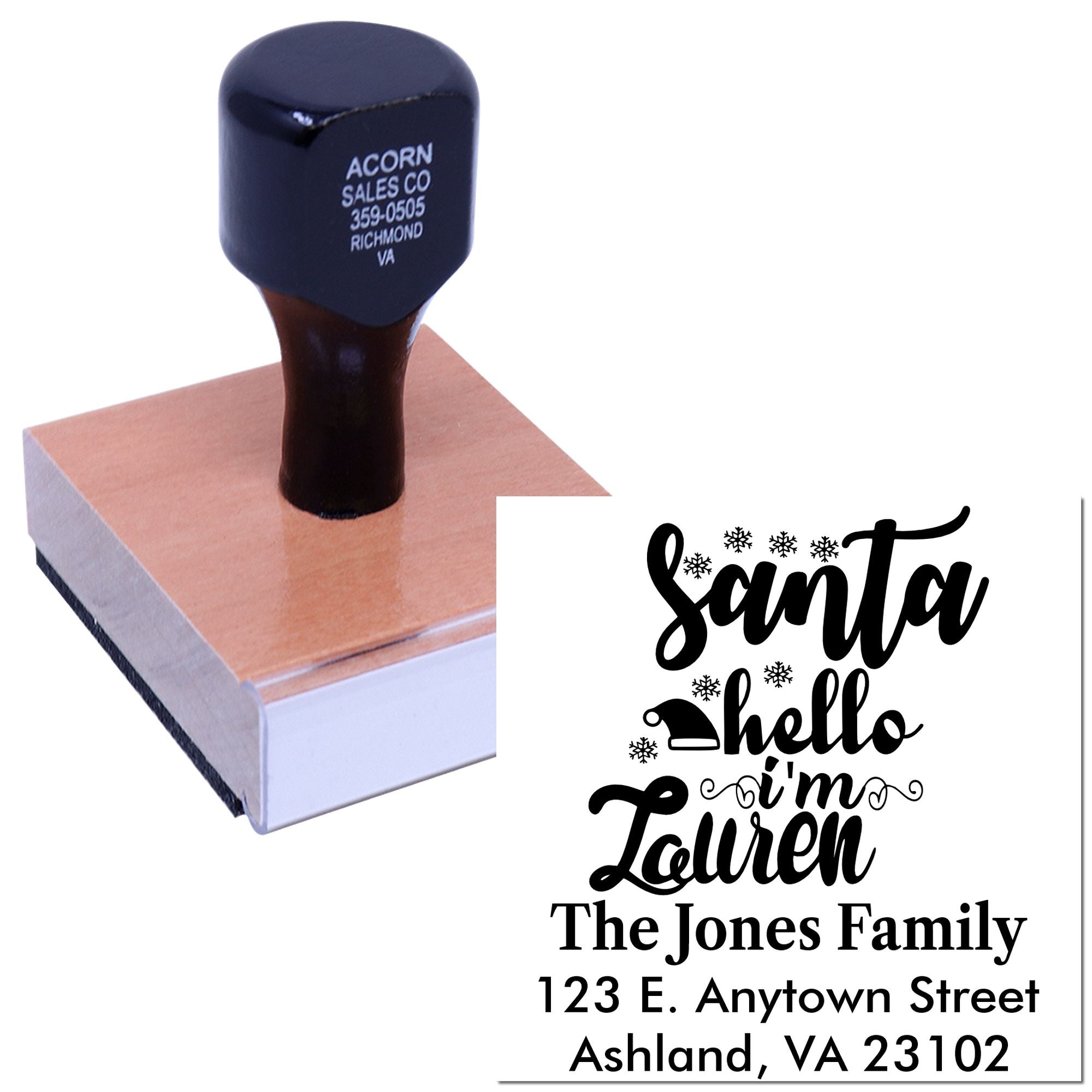 Custom self-inking rubber address stamp with holiday Santa greeting, personalized family name and mailing address.