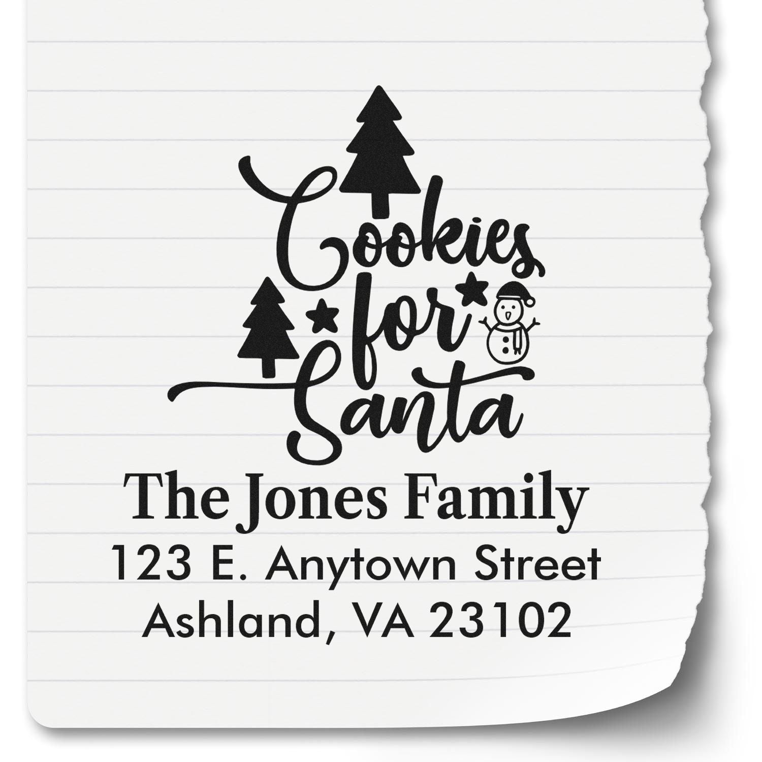 Personalized Christmas return address rubber stamp with Cookies for Santa design, family name, and address.