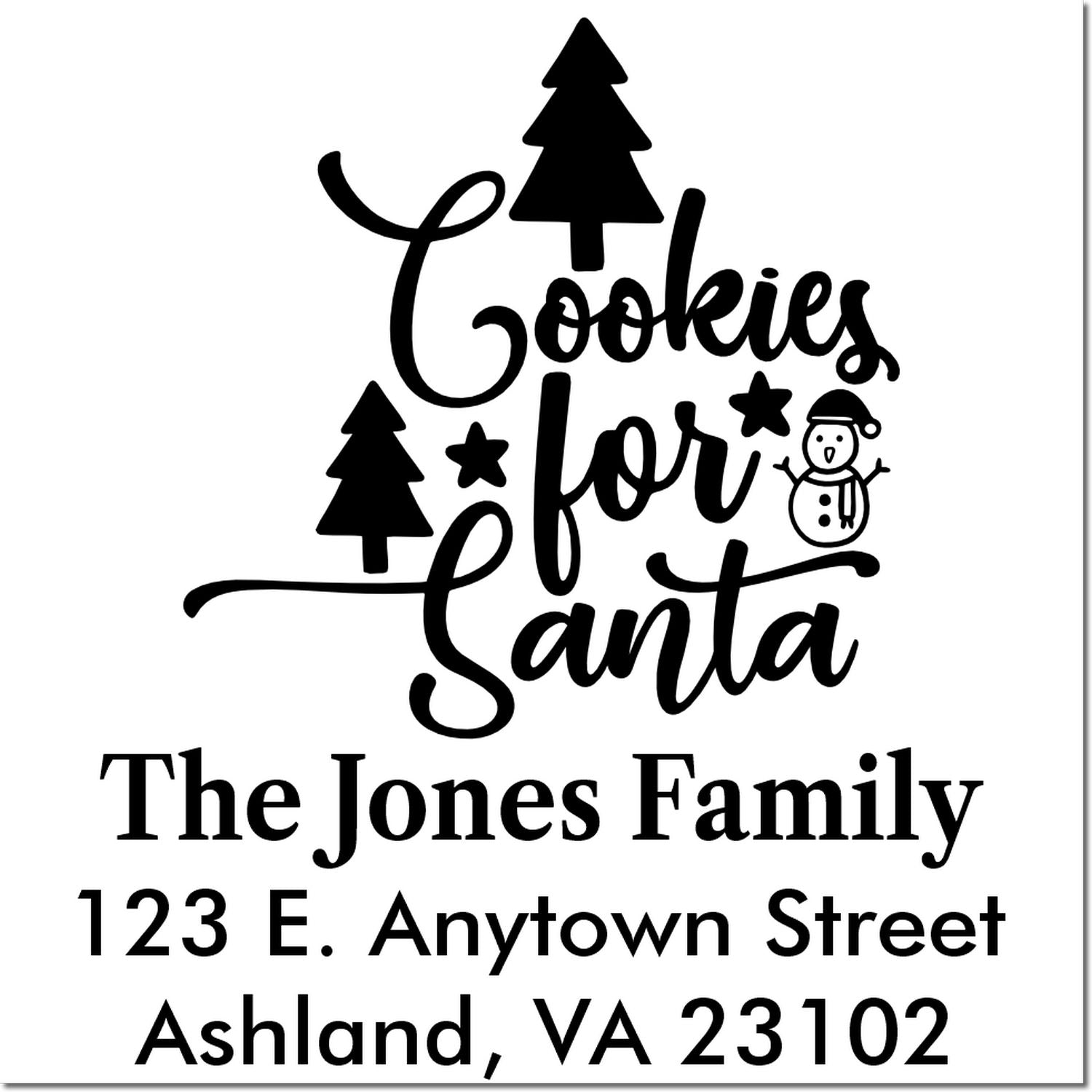 Personalized Cookies for Santa return address stamp design with holiday trees, snowman, and family name.