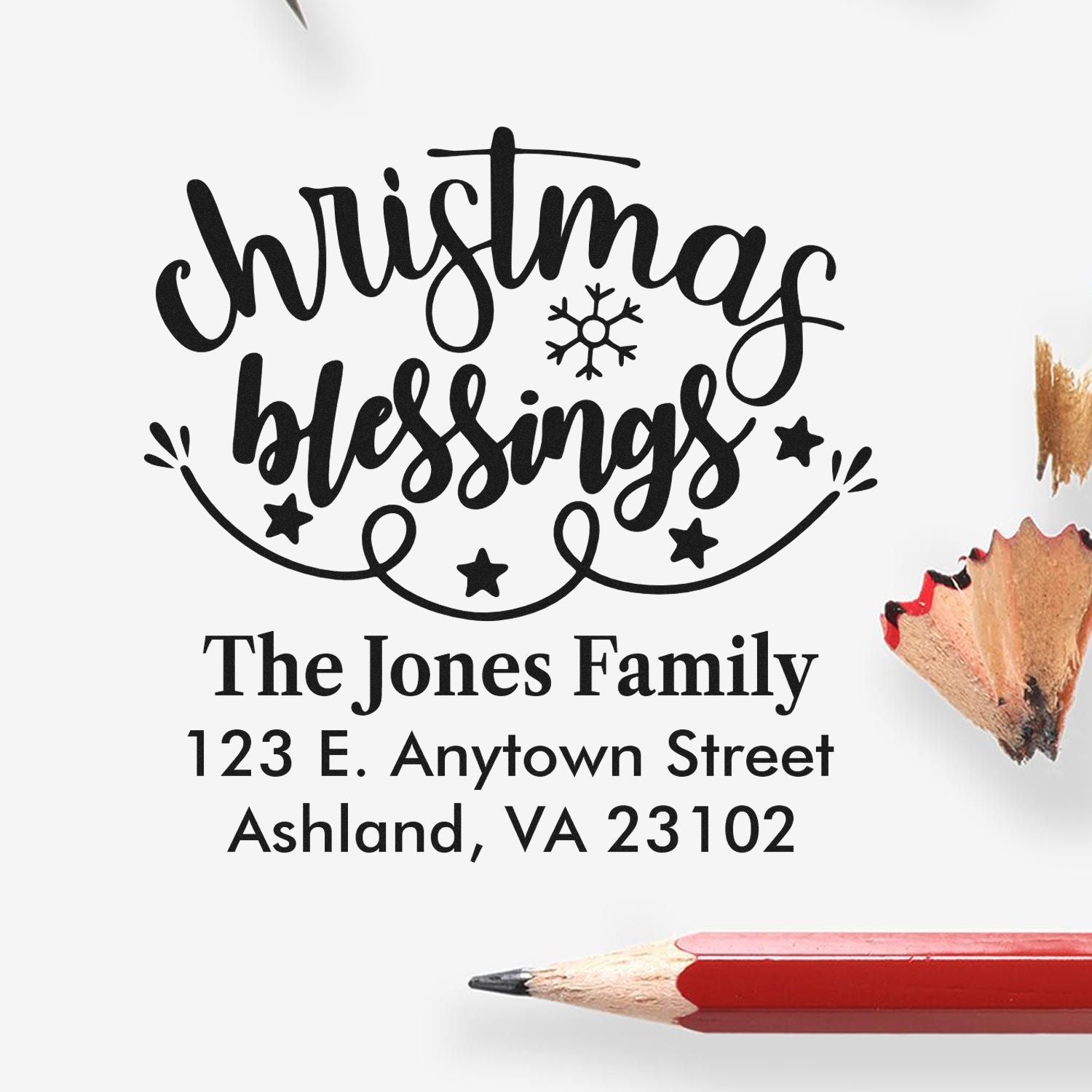 Custom Christmas Blessings return address rubber stamp with family name and Ashland, VA address
