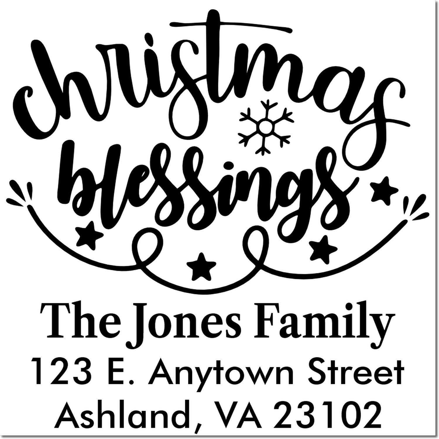 Custom Christmas blessings rubber stamp with family name and return address for holiday cards and festive mailings.