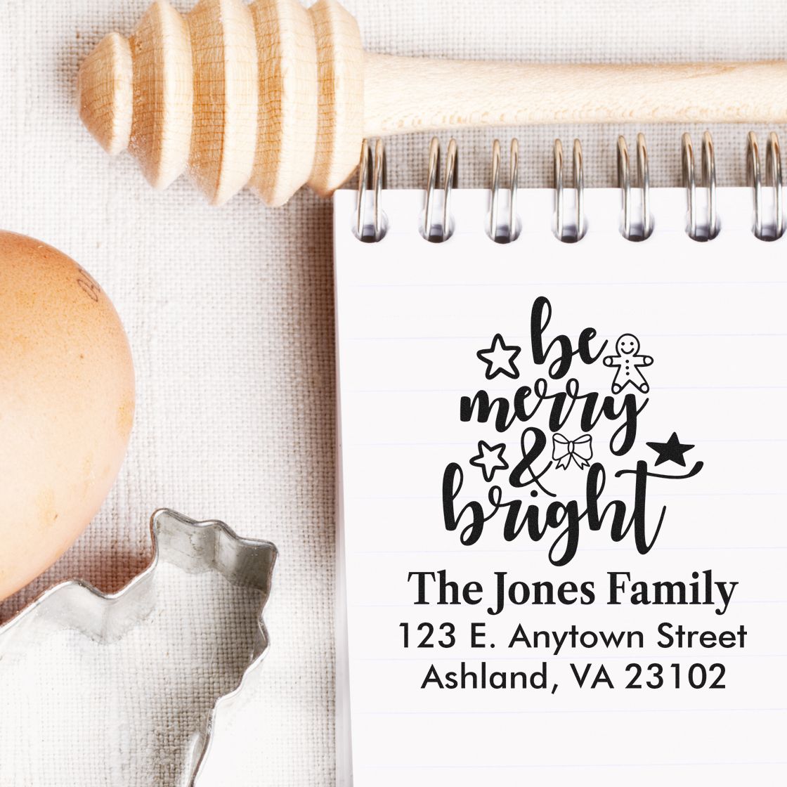 Custom rubber stamp with be merry & bright holiday address design for Christmas cards and envelopes.