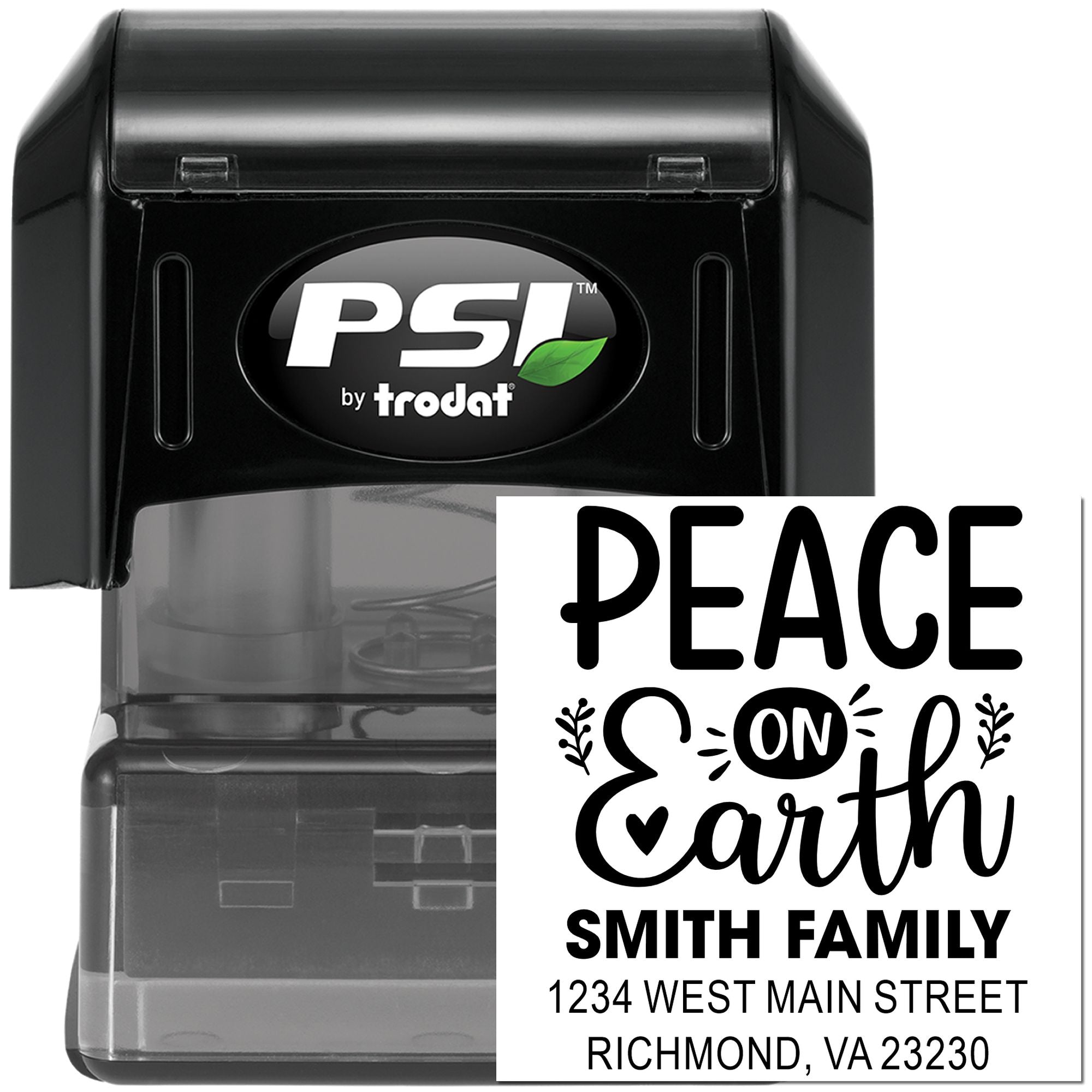 Custom self-inking rubber address stamp by PSI Trodat with Peace on Earth family return address design.