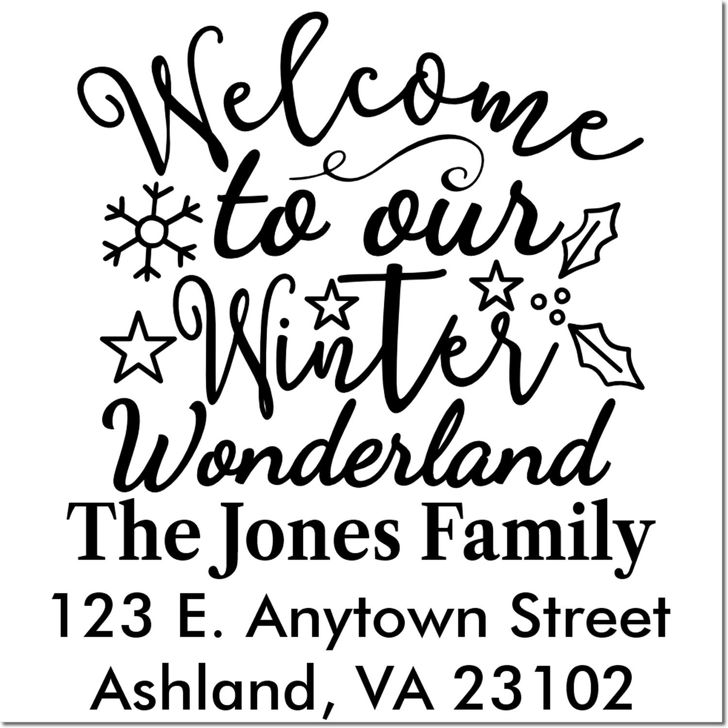 Personalized winter wonderland return address rubber stamp for The Jones Family, Ashland, VA 23102.