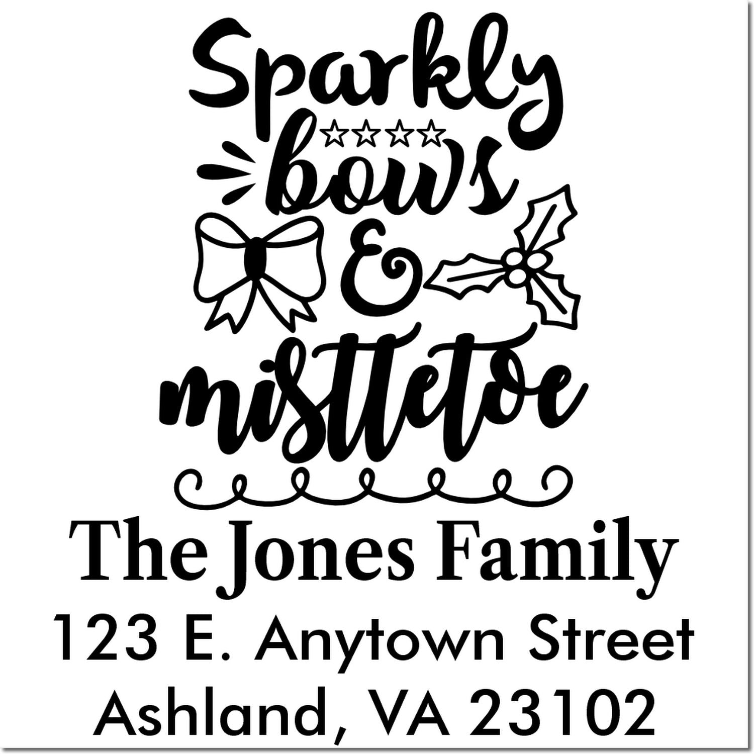 Personalized Christmas return address rubber stamp with Sparkly Bows & Mistletoe design and custom family address.
