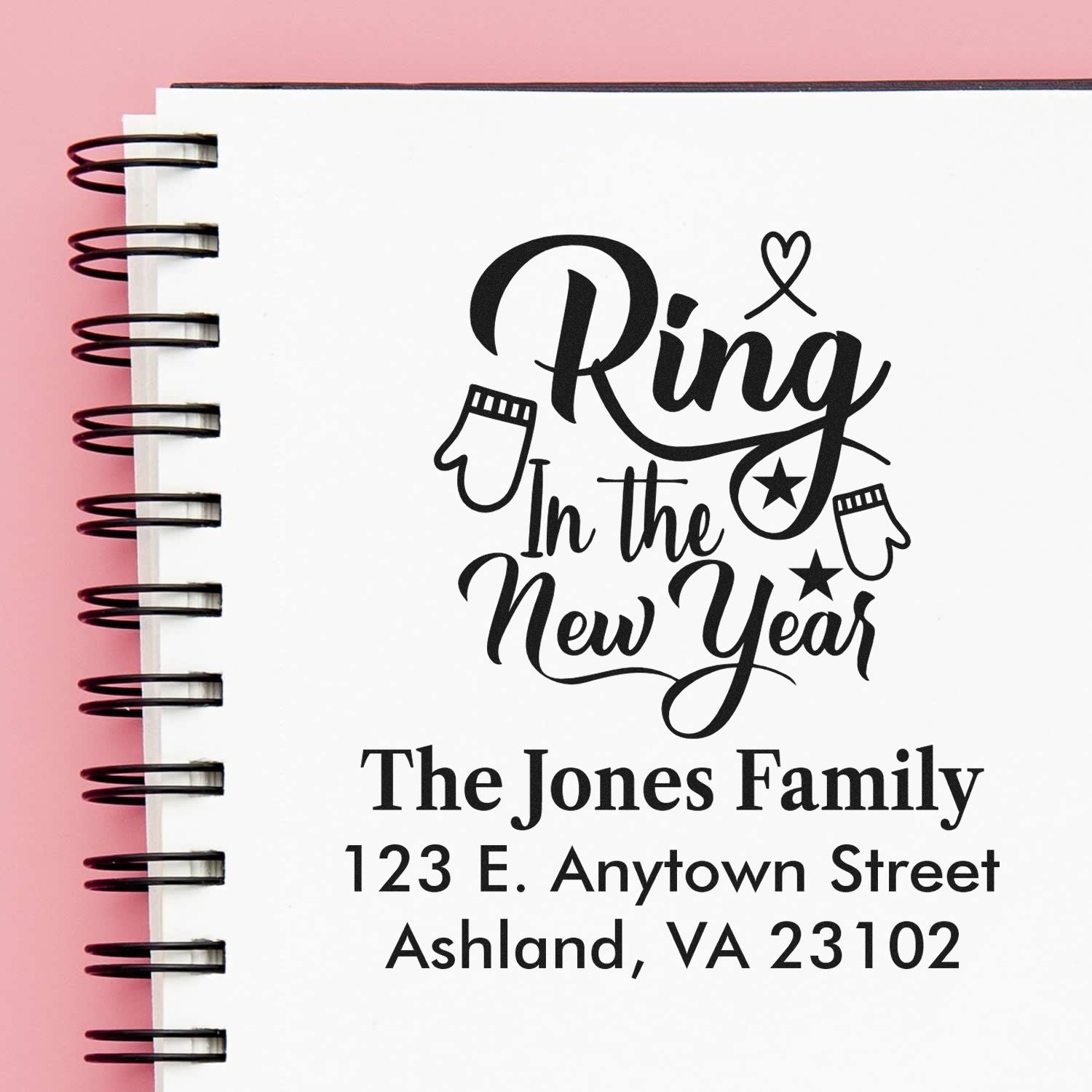 Personalized holiday return address rubber stamp with Ring in the New Year design for family mail and cards.
