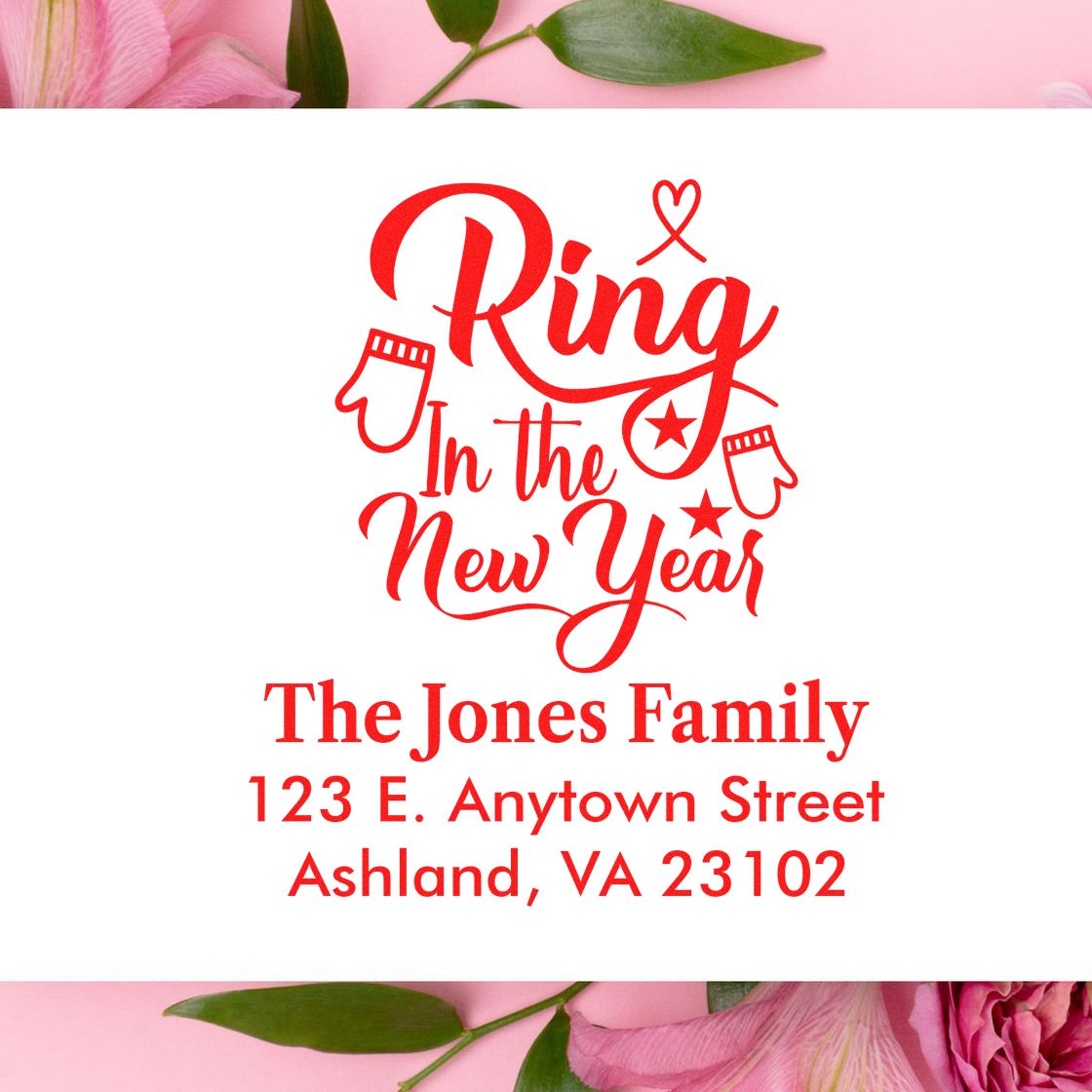 Custom New Year return address rubber stamp with Ring in the New Year design for The Jones Family in Ashland, VA.