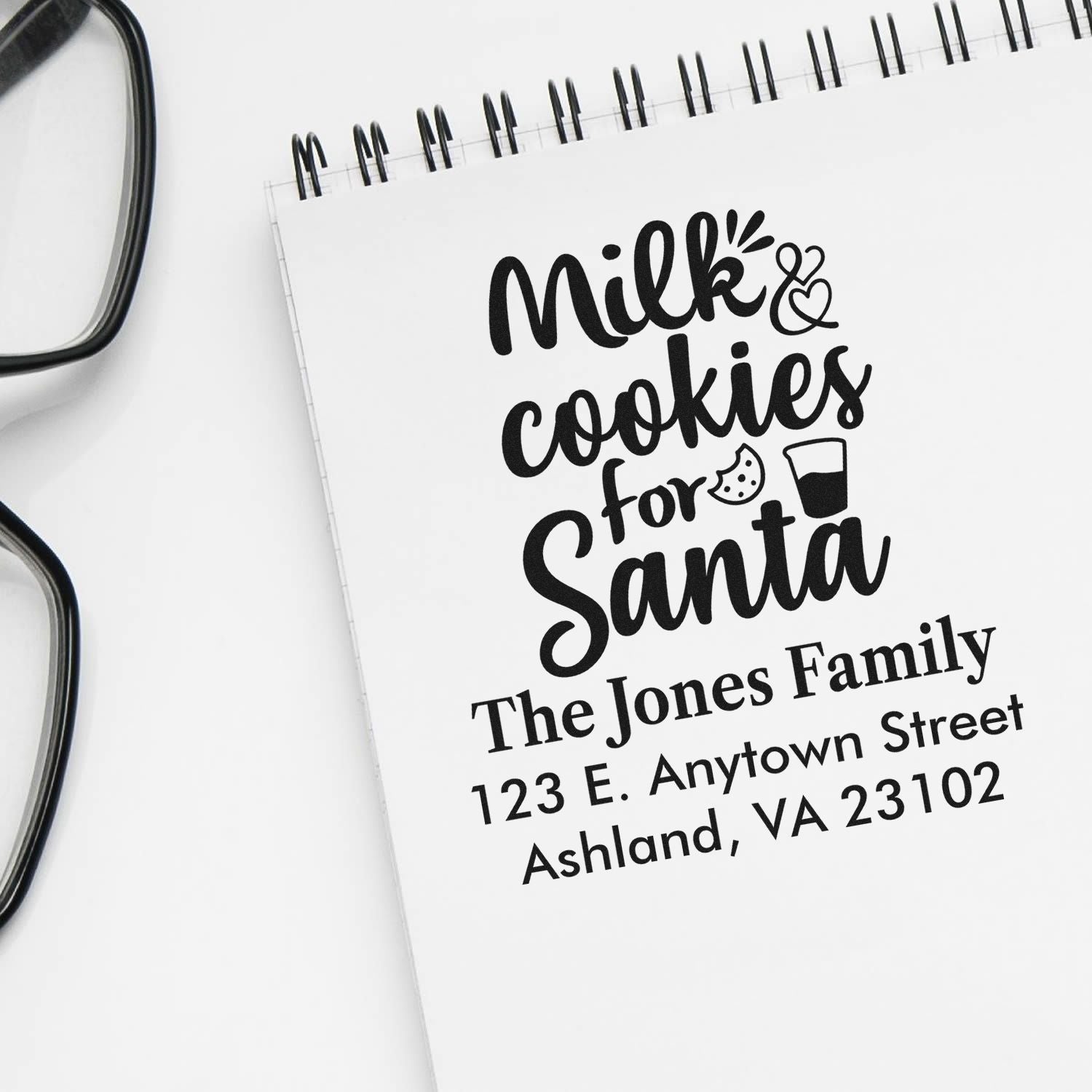 Custom holiday rubber stamp with Milk & Cookies for Santa and family address for personalized Christmas cookie plate tags.