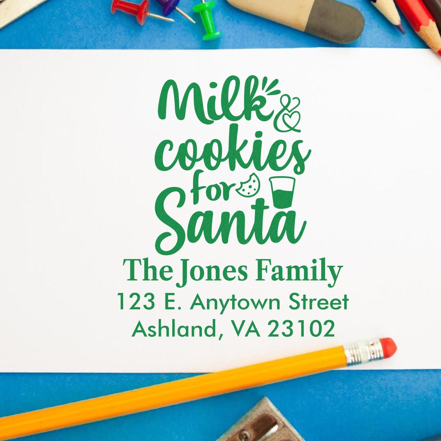 Personalized Christmas rubber stamp with Milk & cookies for Santa and family return address.