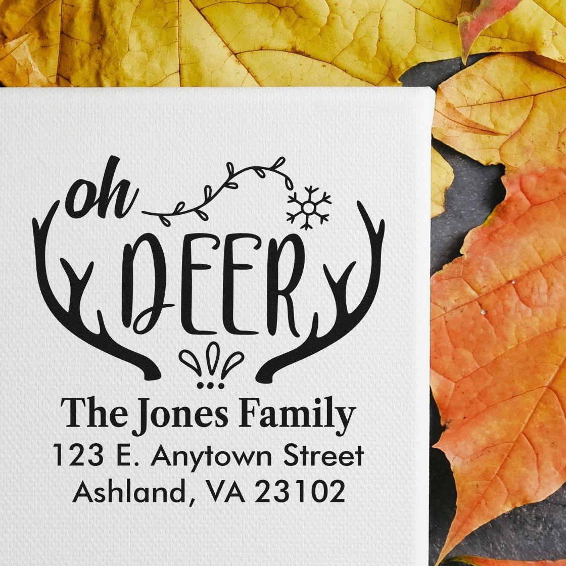 Custom holiday return address rubber stamp with Oh Deer antler design, family name, and mailing address for cards.