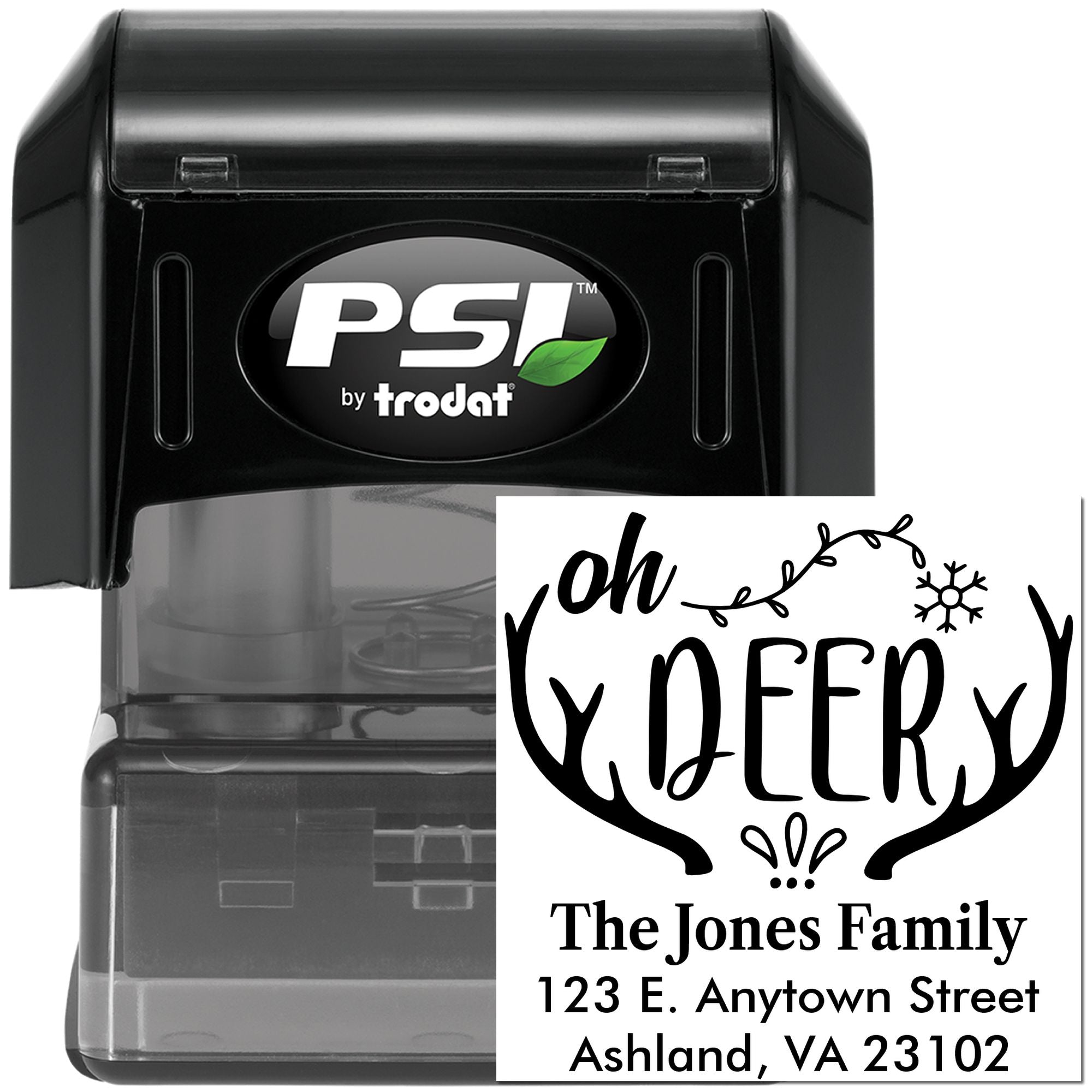 Personalized self-inking rubber address stamp with festive deer design for The Jones Family return mail.