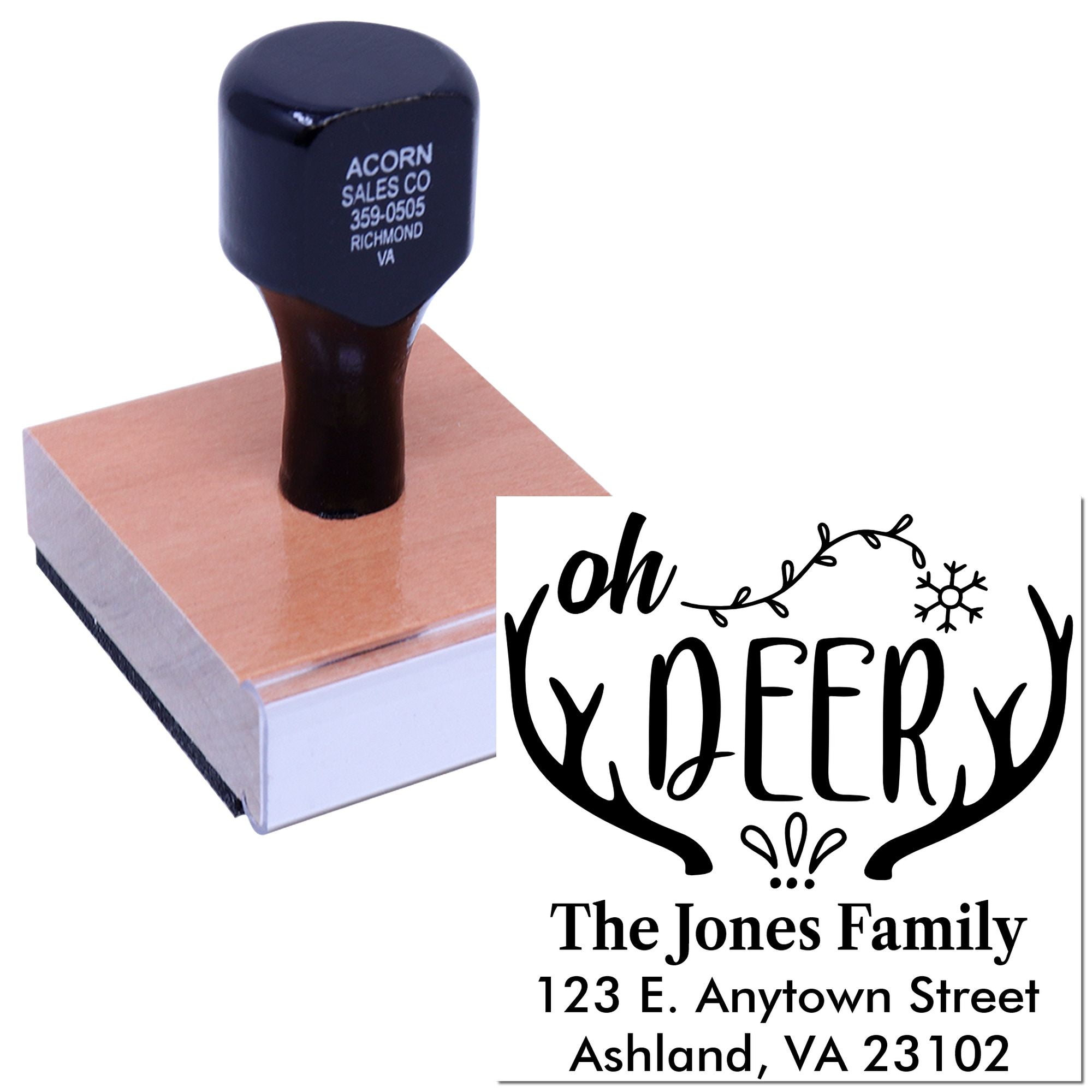 Custom holiday return address rubber stamp with deer antlers design and personalized family address imprint.
