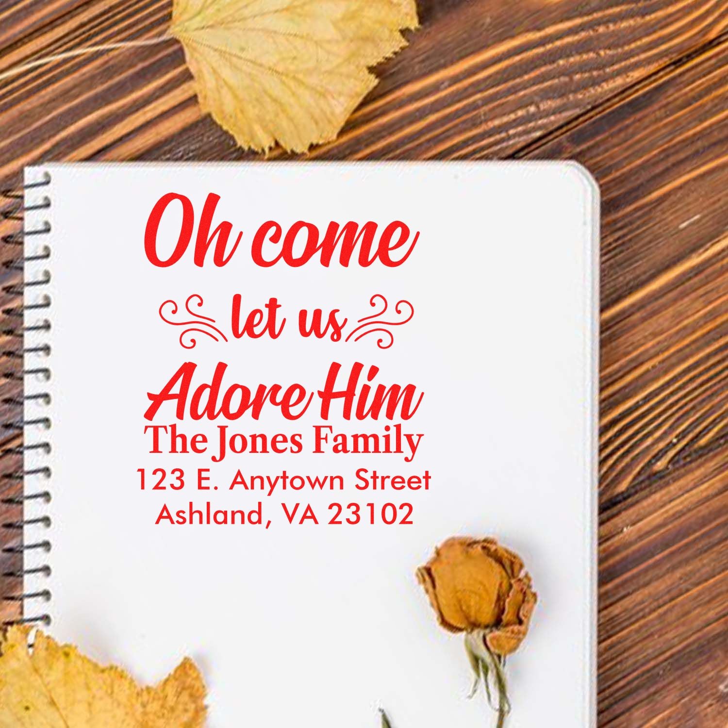 Custom Christmas rubber stamp with Oh come let us Adore Him and family address for holiday cards.