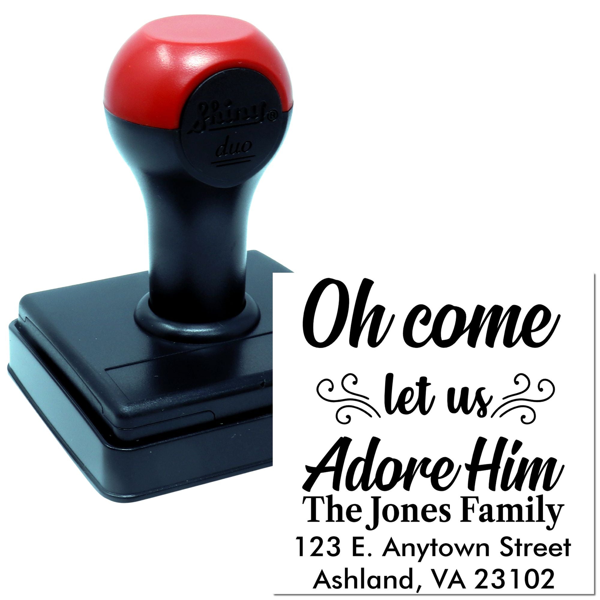 Custom self-inking address rubber stamp with "Oh Come Let Us Adore Him" family holiday return address design