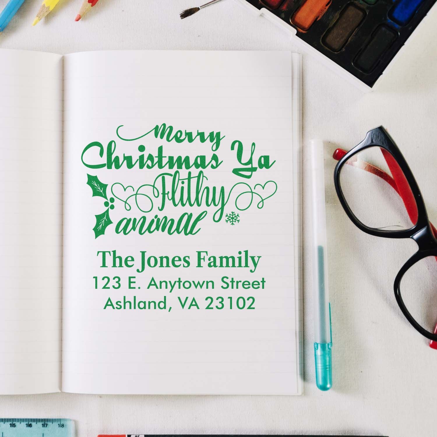 Personalized Merry Christmas Ya Filthy Animal rubber stamp with family name and address for holiday cards.