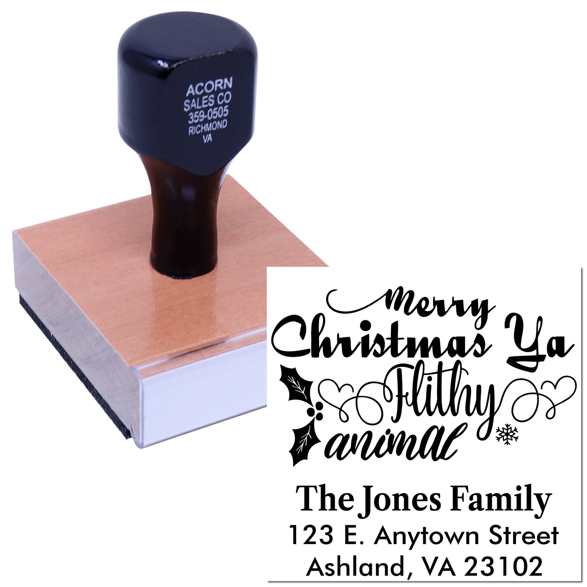 Custom Christmas address rubber stamp with Merry Christmas Ya Filthy Animal family return address design.