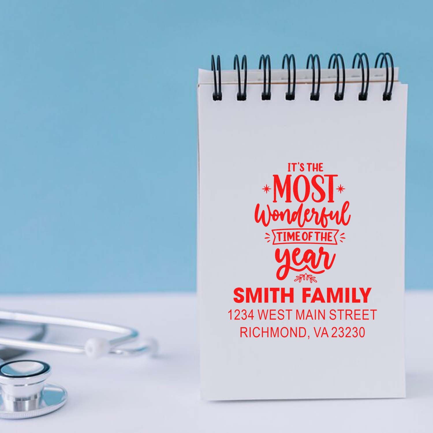 Custom holiday return address rubber stamp with Most Wonderful Time of the Year design for Smith Family cards and envelopes.