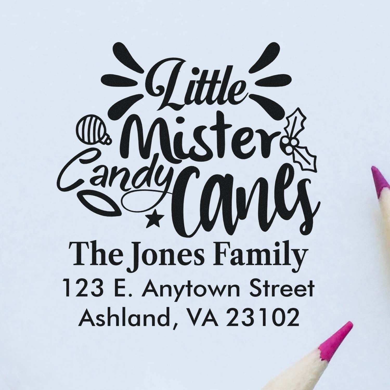 Personalized Christmas rubber stamp with Little Mister Candy Cane design and custom return address for holiday cards.