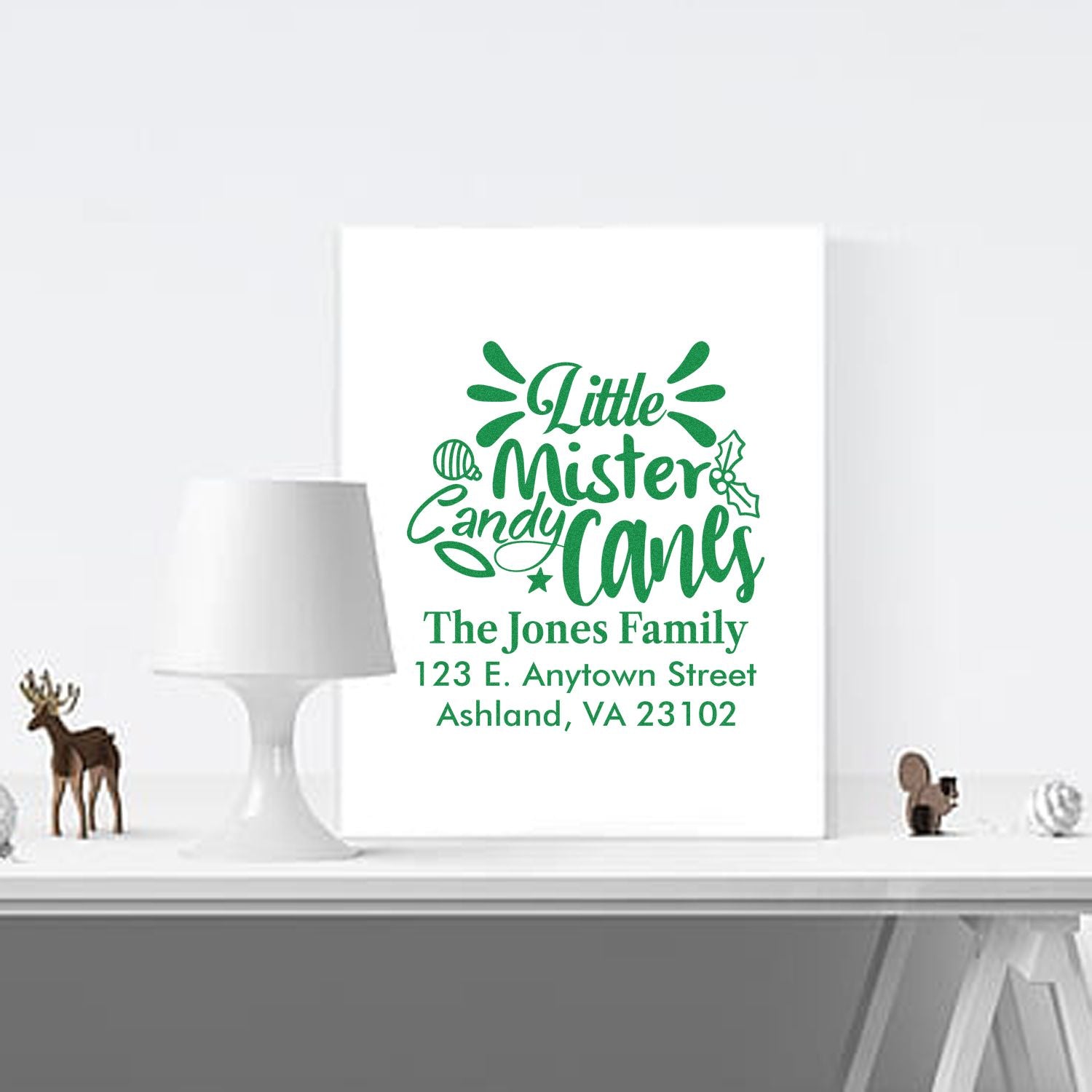 Custom Christmas rubber stamp with Little Mister Candy Canes family name and address for holiday cards and gifts.