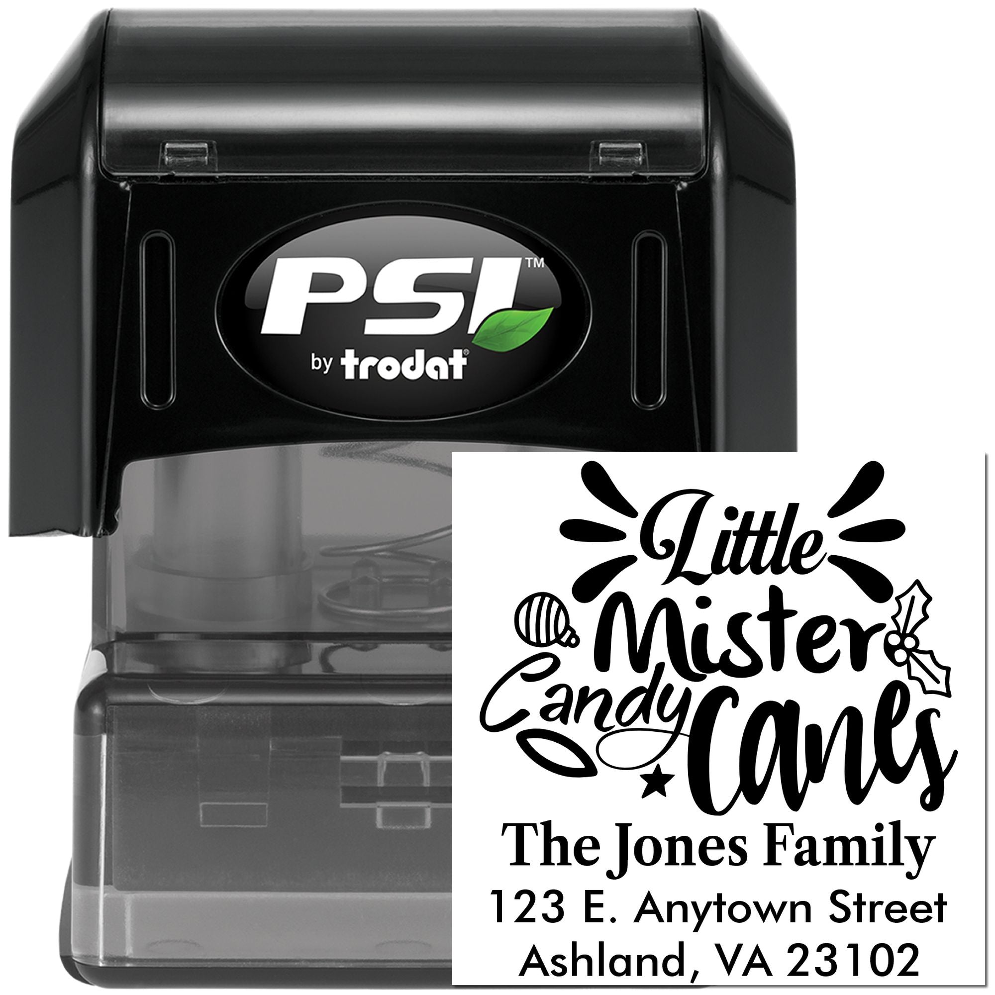 Personalized self-inking PSI Trodat rubber stamp with Little Mister Candy Canes family address design for holiday cards.