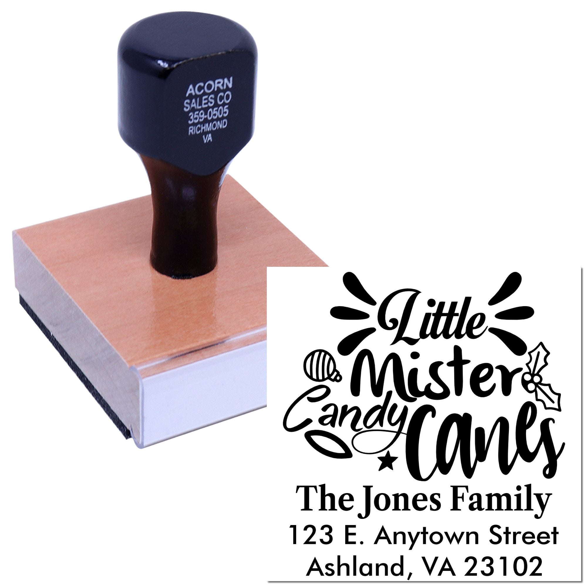 Custom holiday rubber stamp with Little Mister Candy Cane personalized family address design for Christmas cards and gifts.