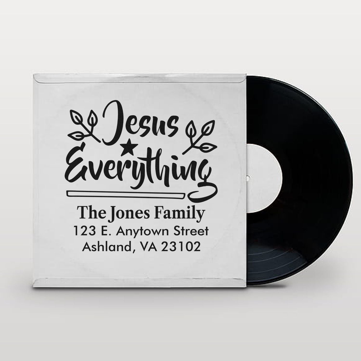 Custom Christian return address rubber stamp featuring Jesus Is Everything with family name and address for personalized mailings.