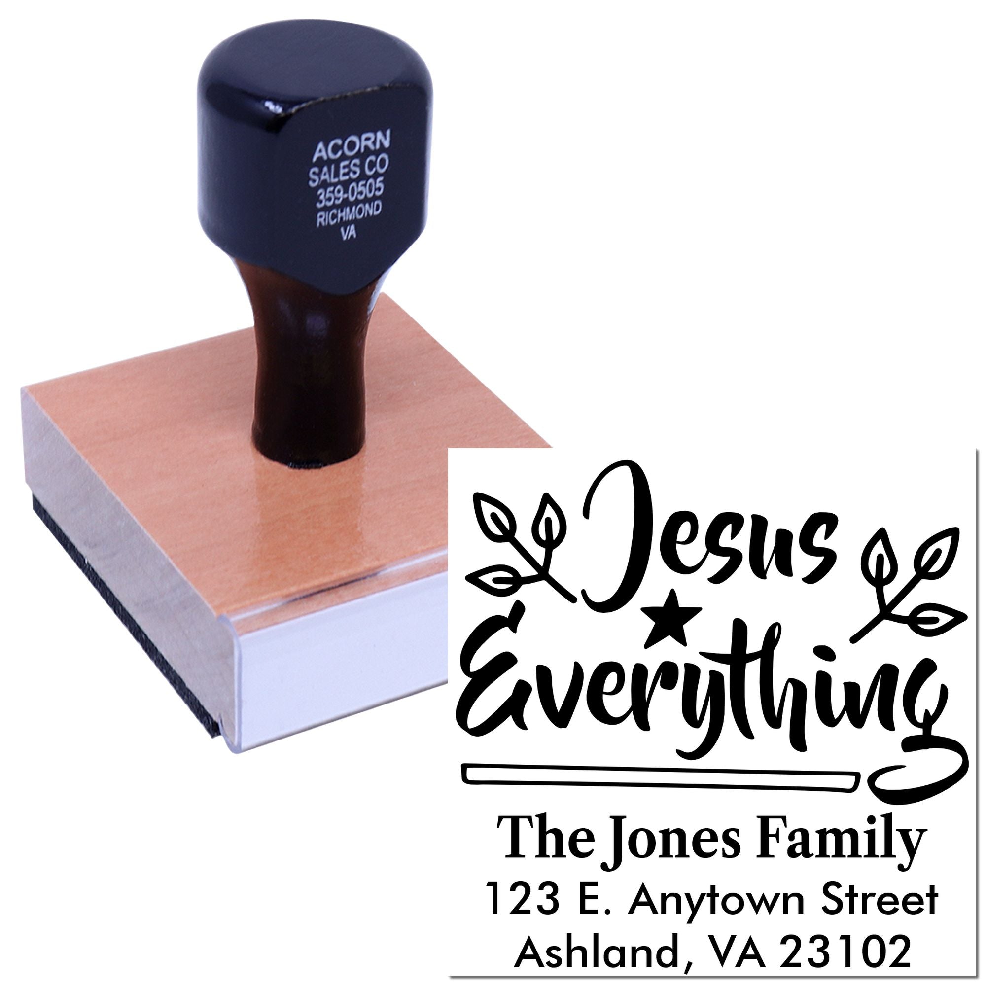 Custom Jesus Everything rubber stamp with family name and address, ideal for Christian cards, gifts, and mailings.