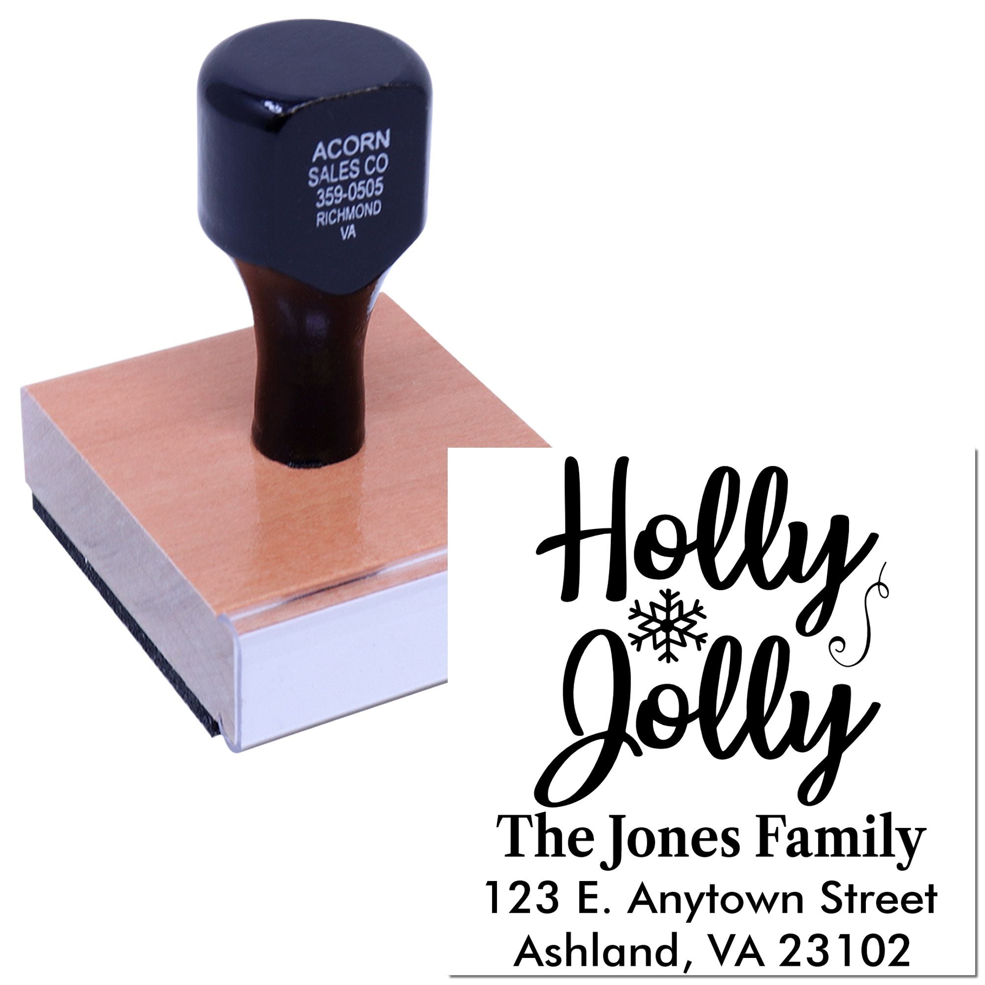 Custom holiday address rubber stamp with Holly Jolly design and family name for festive envelopes and cards.