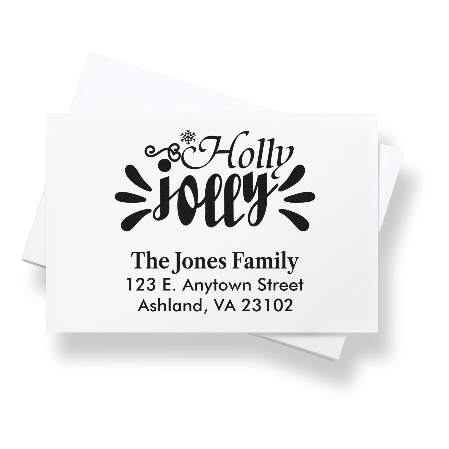 Custom Holly Jolly return address rubber stamp for holiday cards, featuring The Jones Family, Ashland, VA 23102.