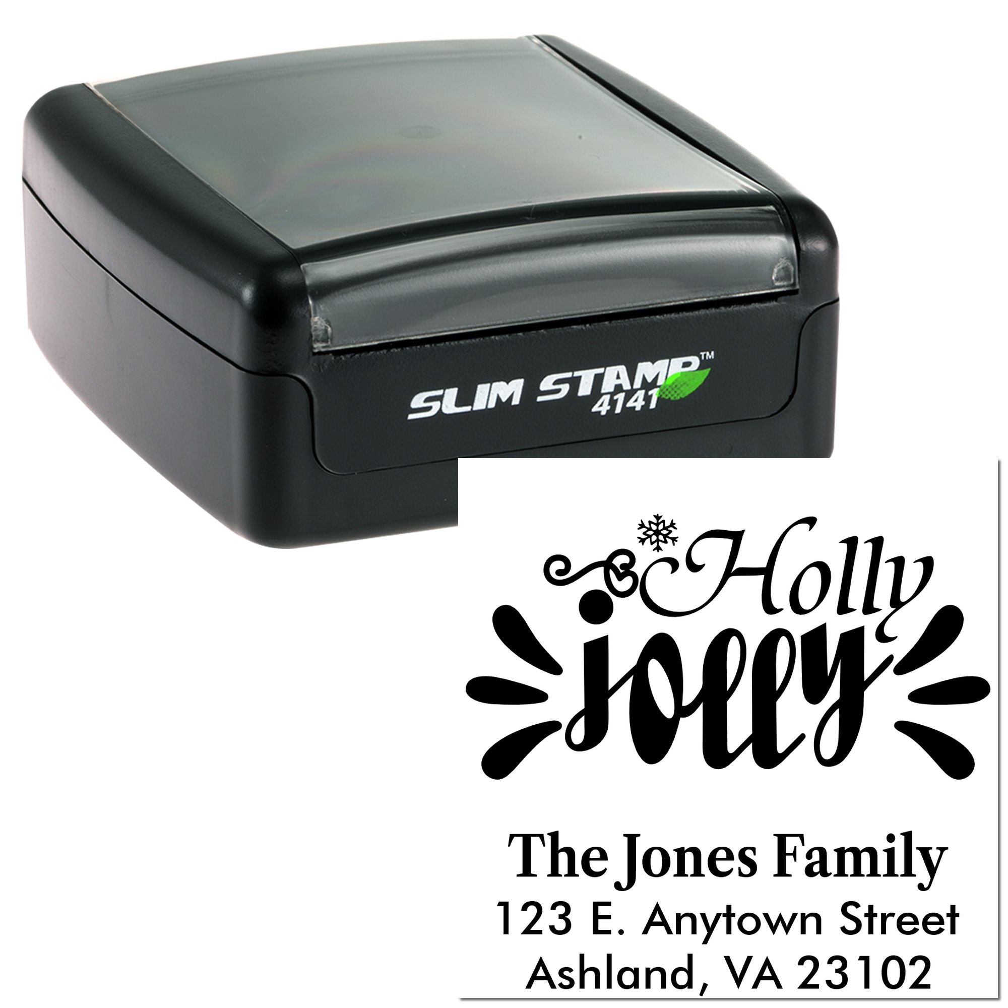 Personalized self-inking rubber stamp with Holly Jolly return address design for holiday cards and envelopes.