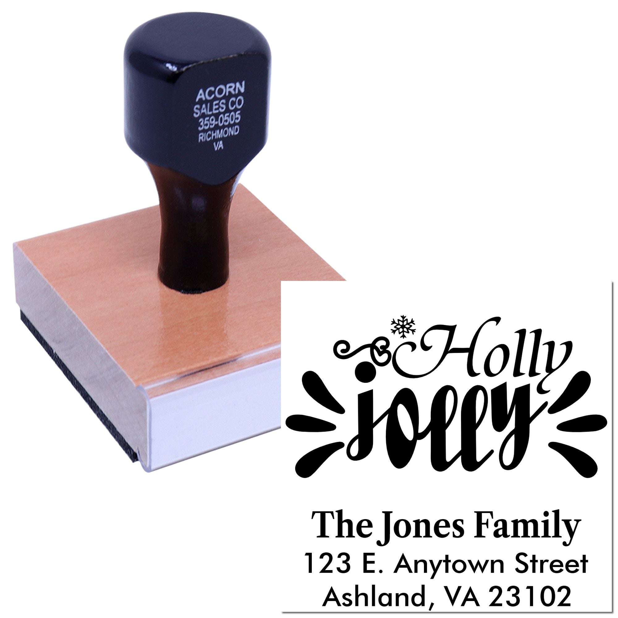 Custom rubber stamp with Holly Jolly holiday return address design for festive cards, envelopes, and personalized mailing.