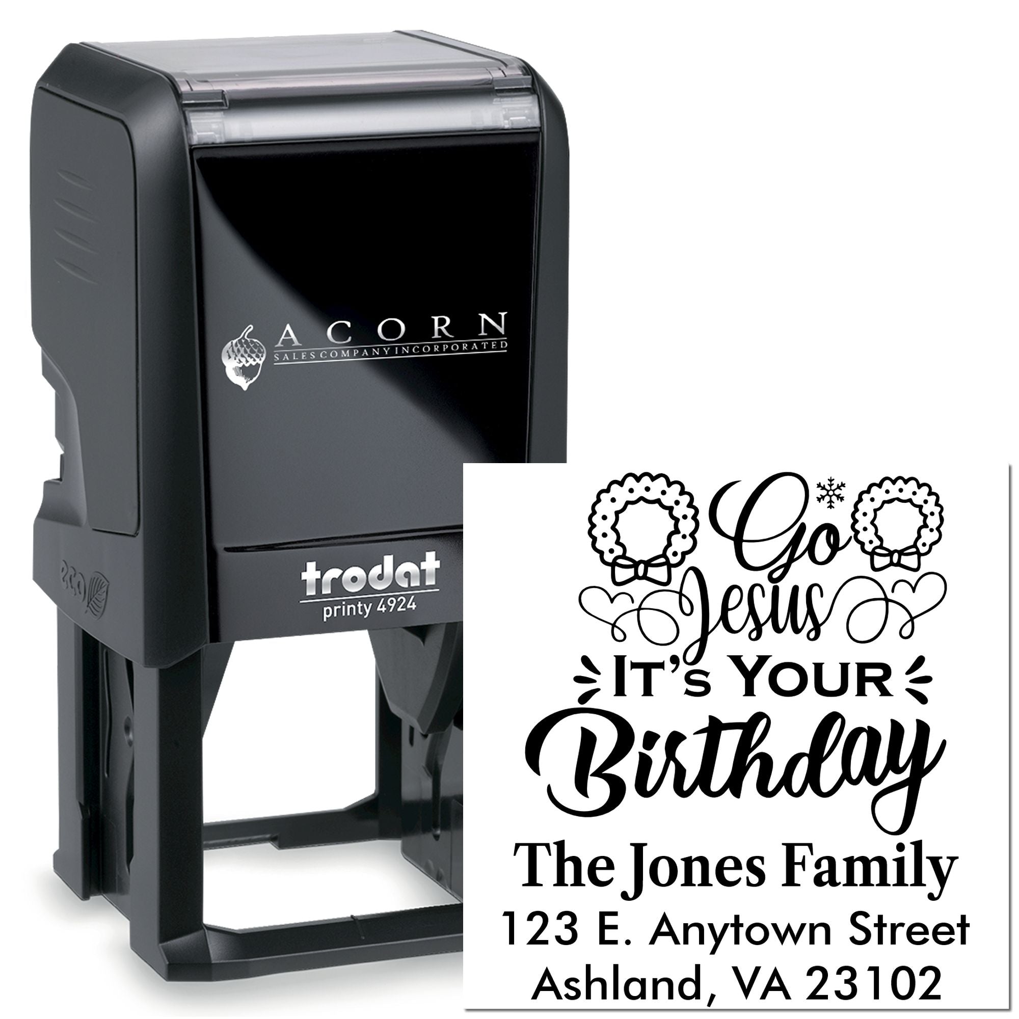 Personalized self-inking rubber stamp for Christmas birthday cards, featuring Go Jesus Its Your Birthday and family address.