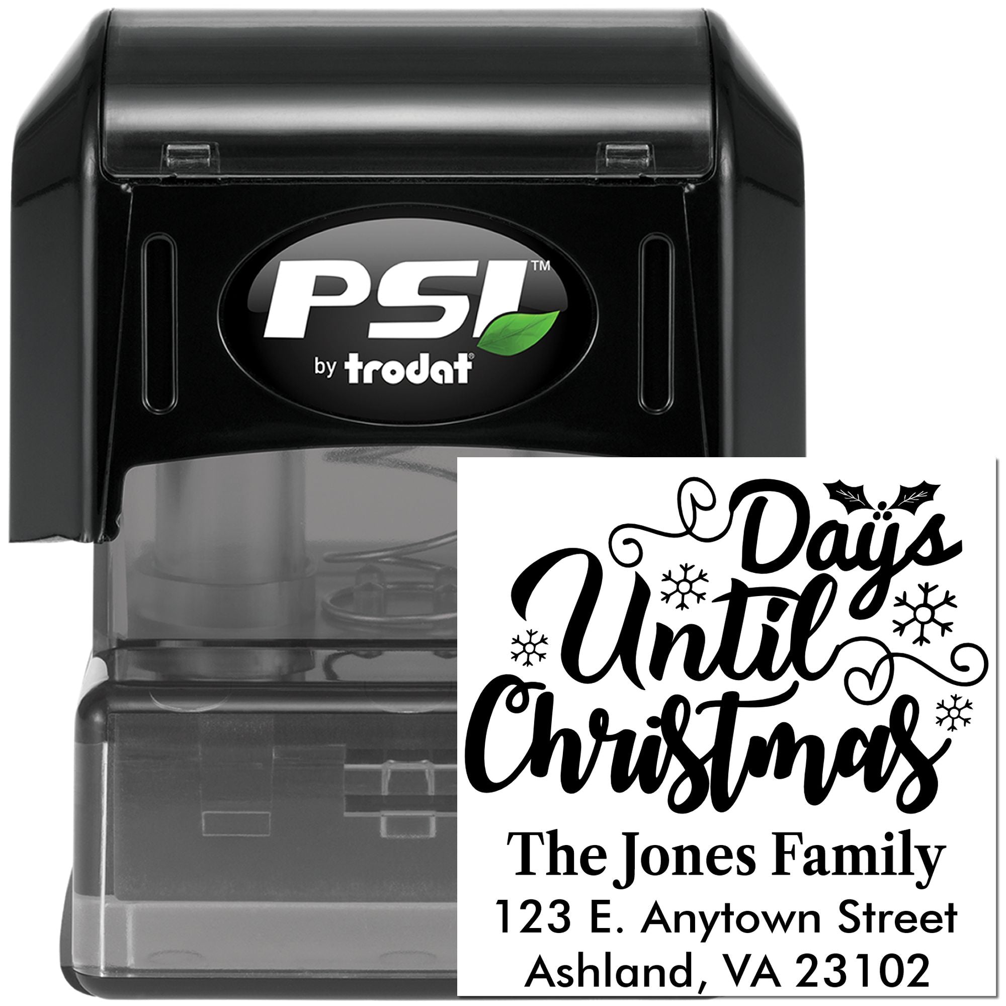 Custom self-inking Christmas address rubber stamp with festive Days Until Christmas design and family return address.