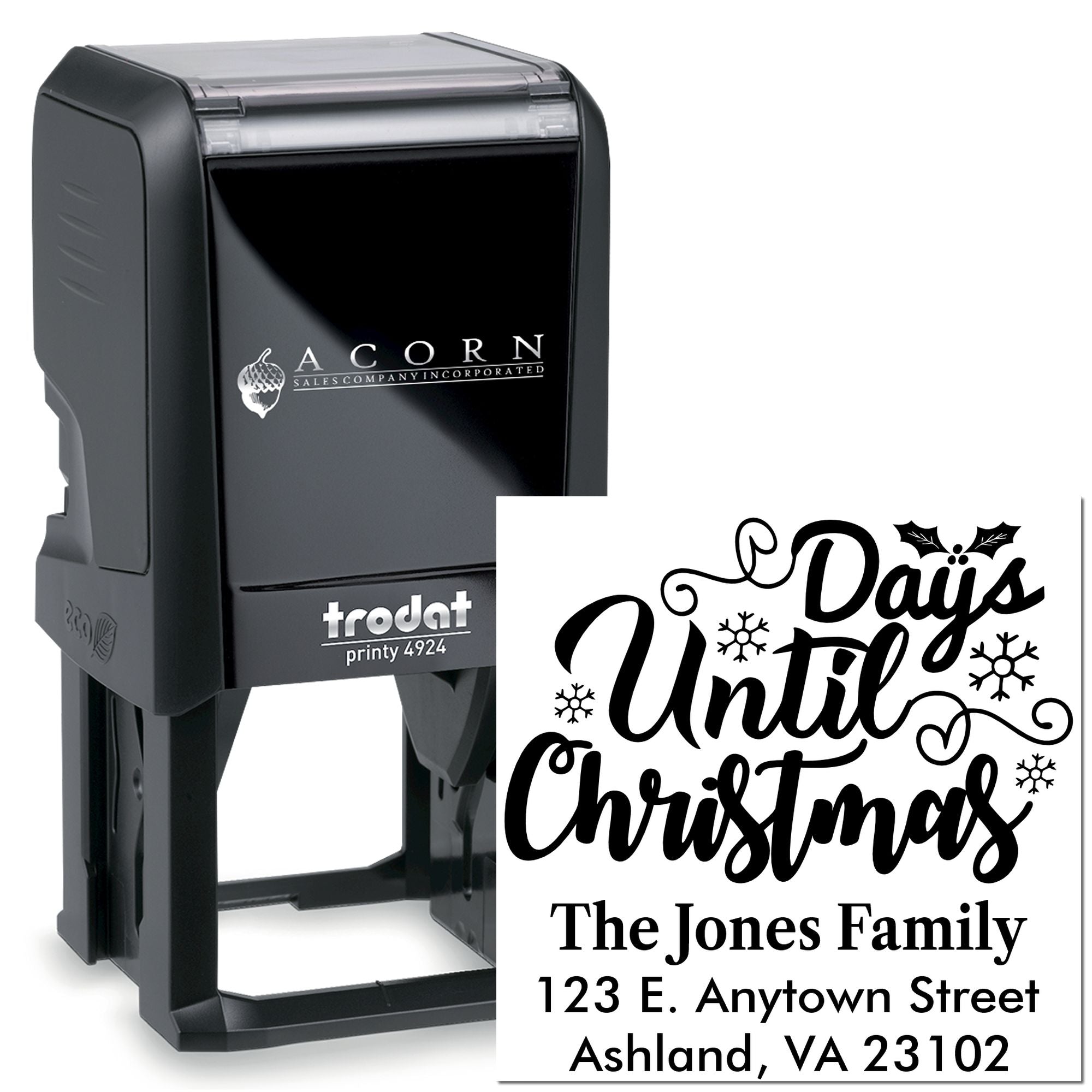 Personalized self-inking Christmas address stamp with Days Until Christmas design for family mailings.