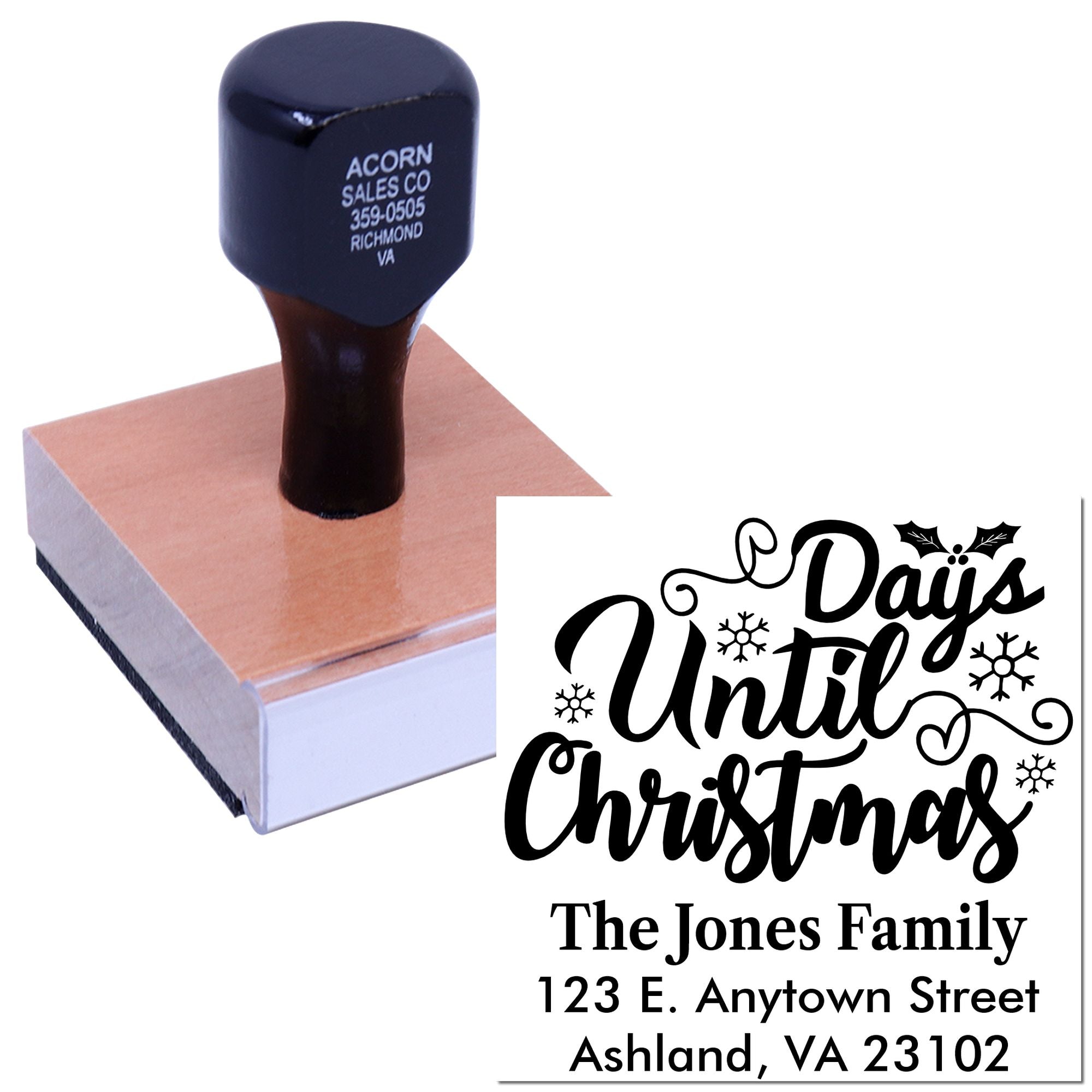 Custom holiday rubber stamp with Days Until Christmas design and personalized family name and address.