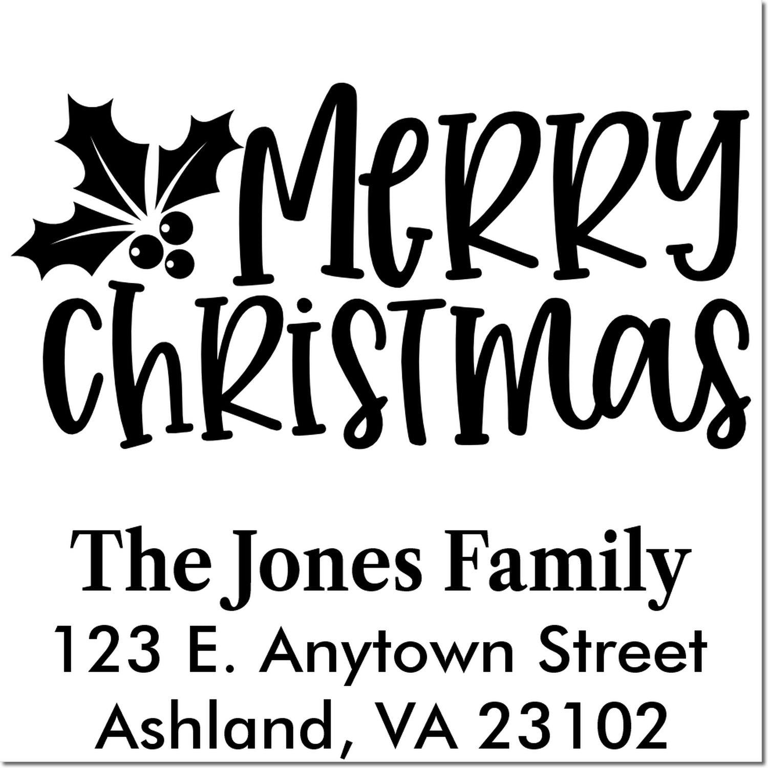 Personalized Merry Christmas rubber stamp with holly and family return address for holiday cards and envelopes.