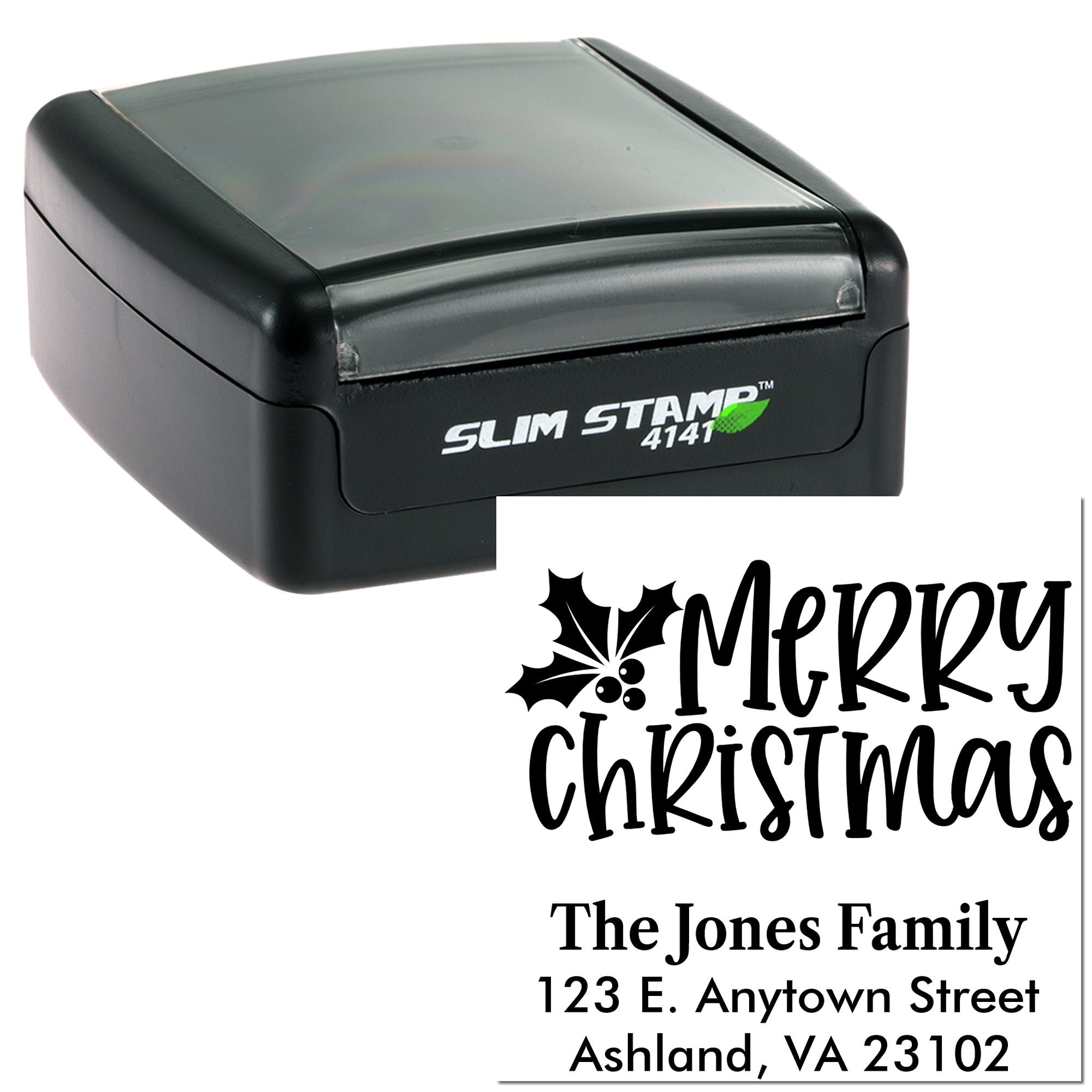 Custom self-inking rubber stamp with Merry Christmas family address design for holiday card and envelope stamping