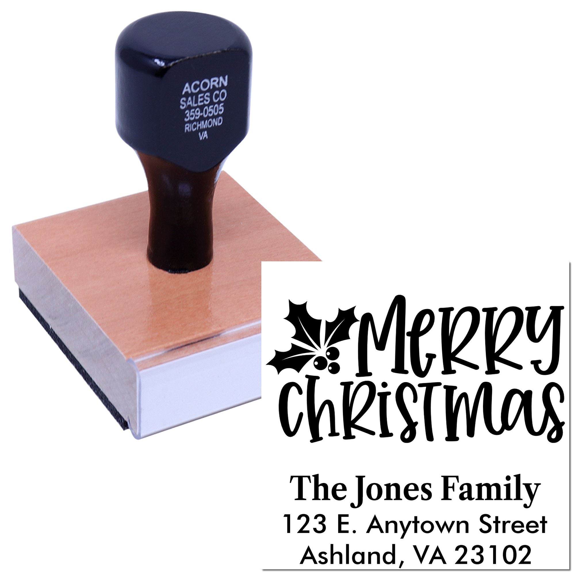 Personalized Merry Christmas return address rubber stamp for holiday cards, shown with family name and address imprint sample.
