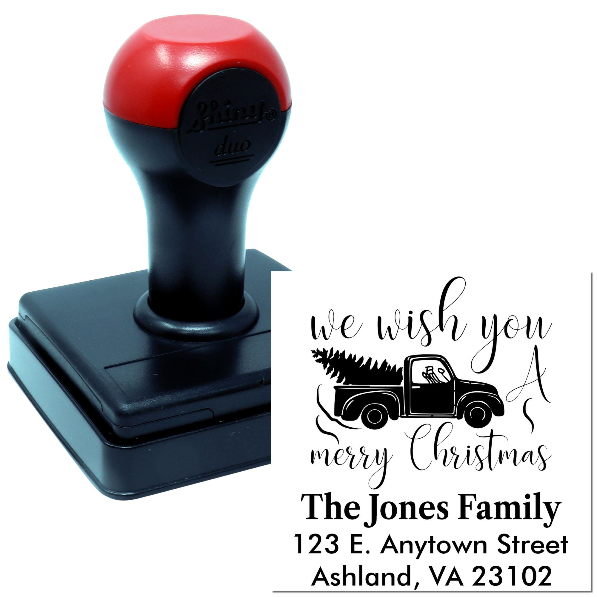 Custom self-inking rubber address stamp with Christmas pickup truck design for holiday cards and return mail.