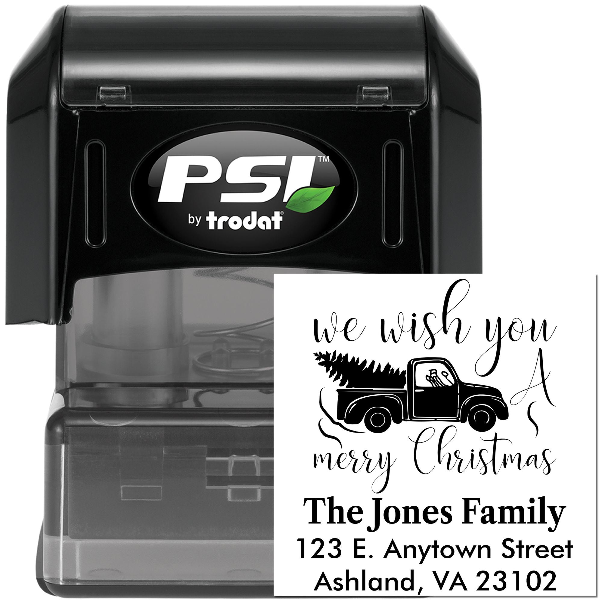 PSI by Trodat self-inking rubber stamp showing a custom Christmas return address design for holiday cards and mail