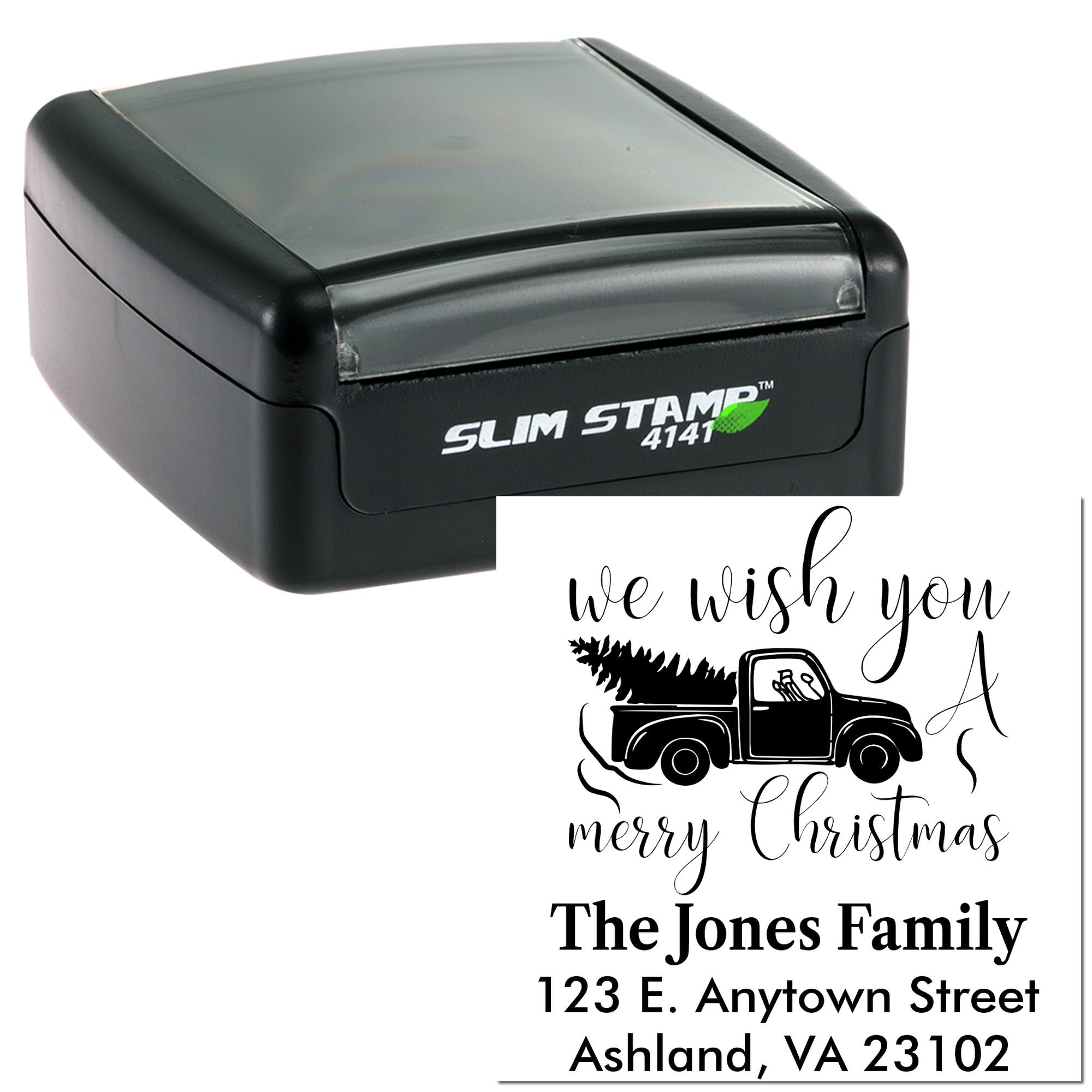 Slim Stamp self-inking rubber stamp with festive truck design, custom return address, and Christmas card message.