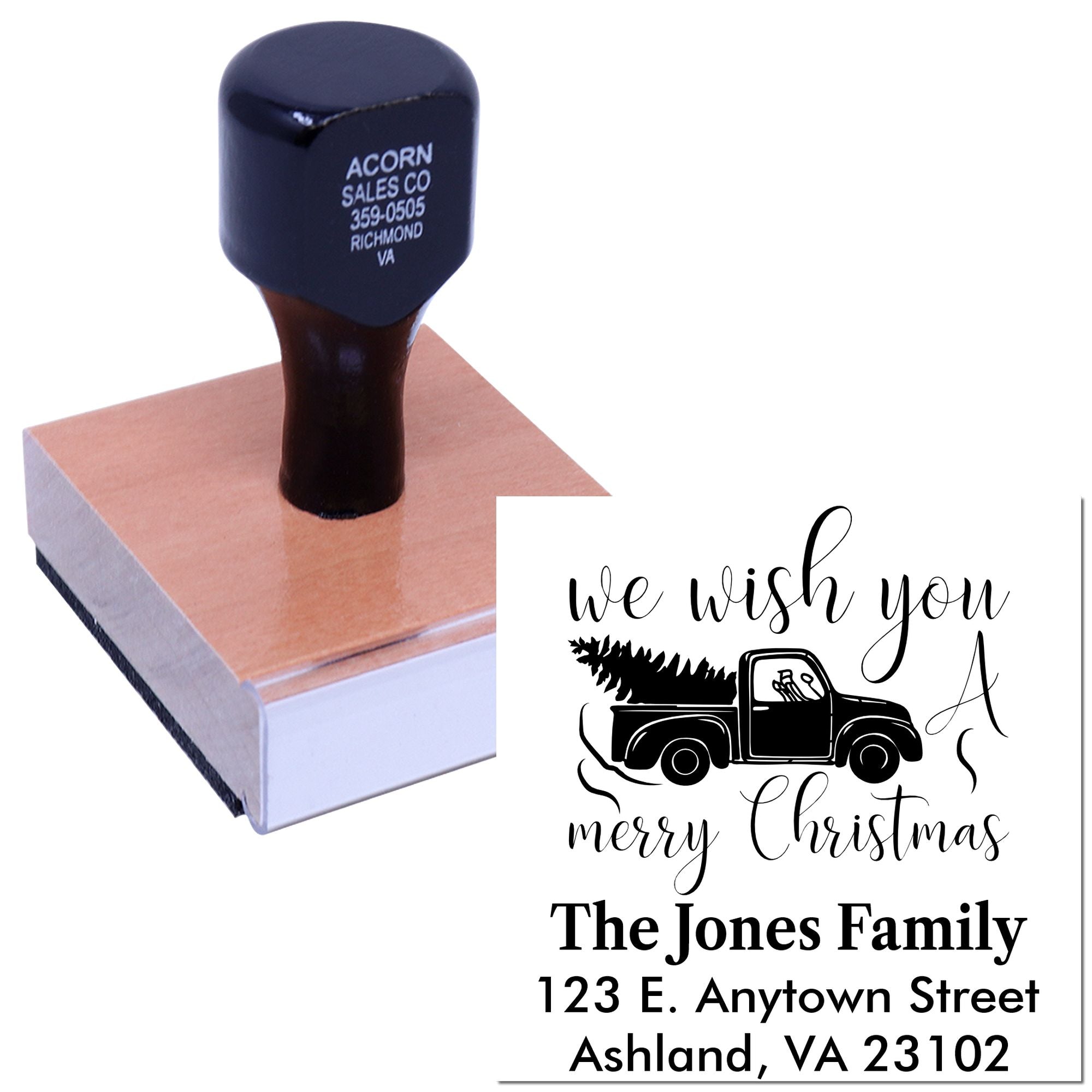 Personalized Christmas rubber stamp with pickup truck design and family address for holiday cards and festive mail.