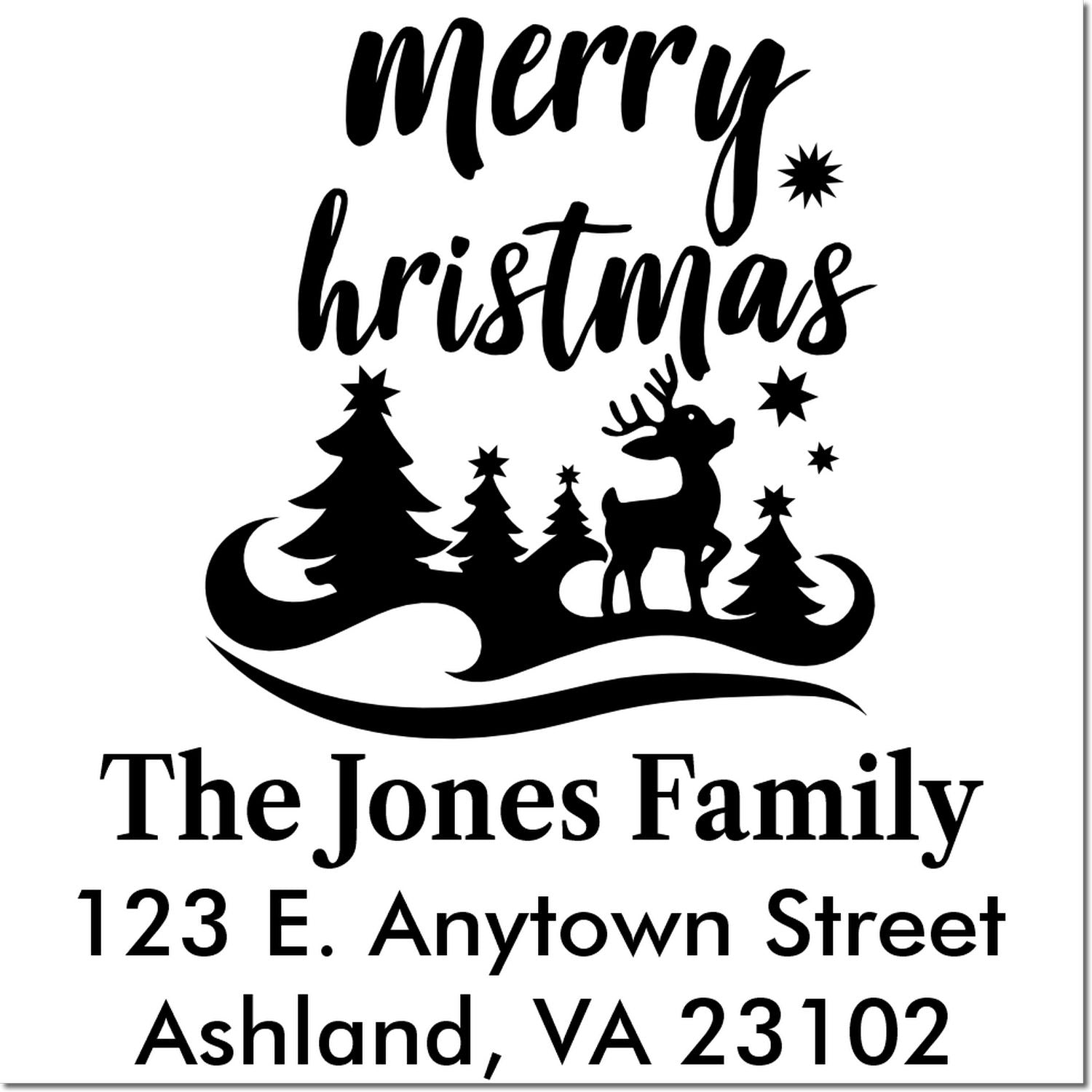 Custom Merry Christmas return address rubber stamp with personalized family name, address, reindeer, and holiday tree design.