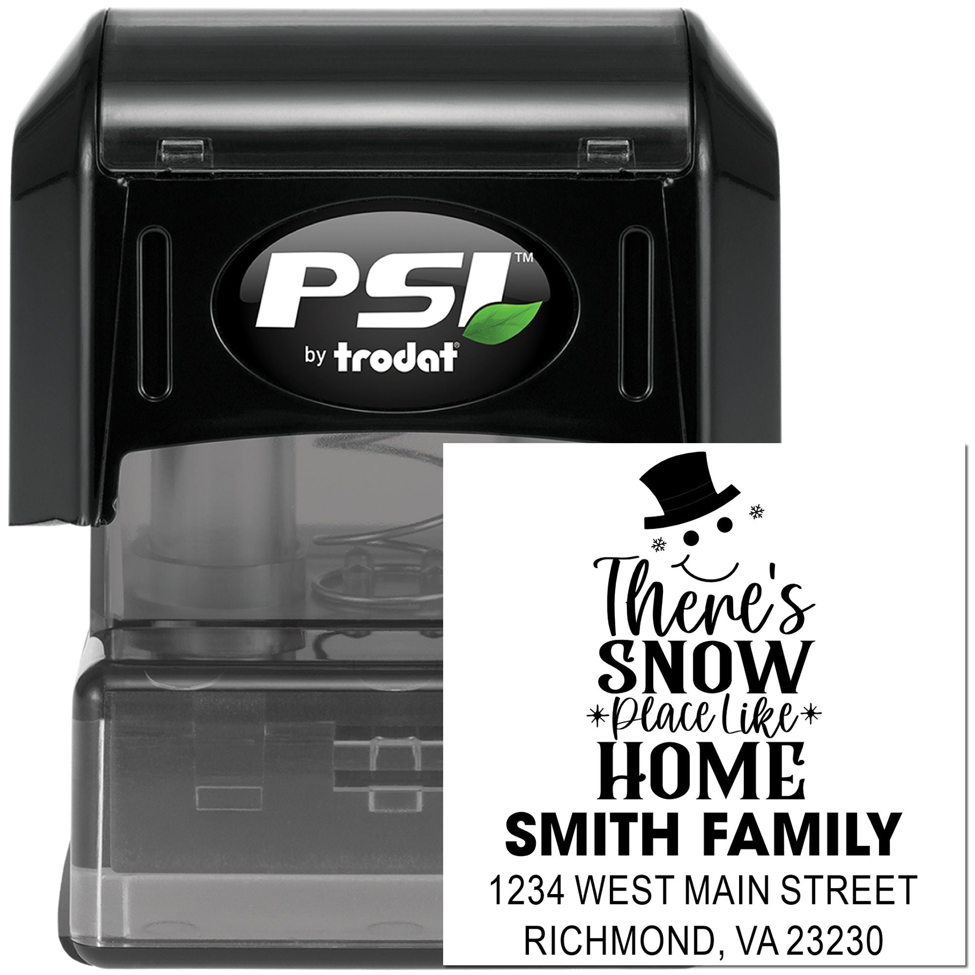 Personalized self-inking rubber stamp with holiday snowman and custom return address for the Smith family.